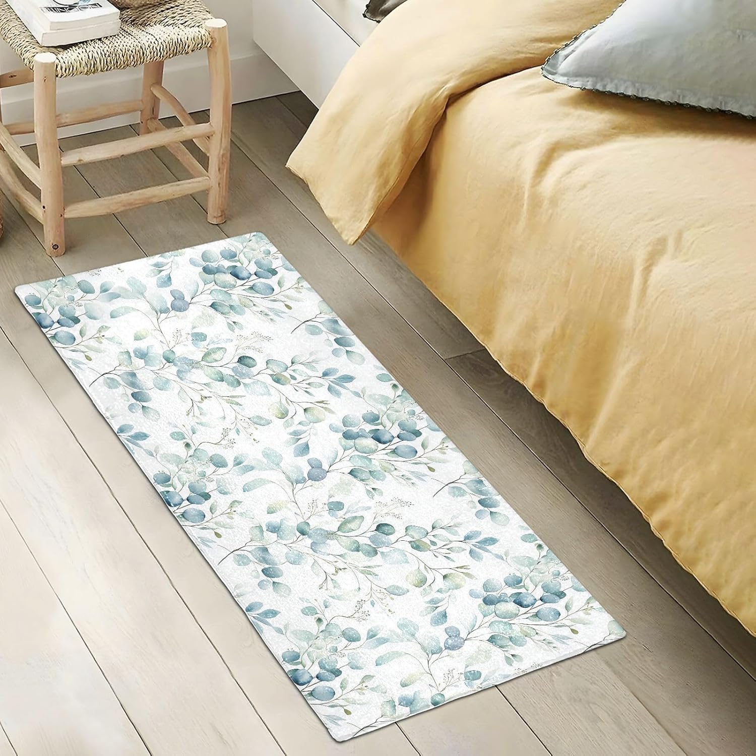Watercolor Eucalyptus Leaf Bath Rug Mat 39x20, Soft Absorbent Microfiber Bathroom Rugs, Non-Slip Plush Bath Carpet, Rubber Backing Quick Dry Bath Mats Runner Bathmat