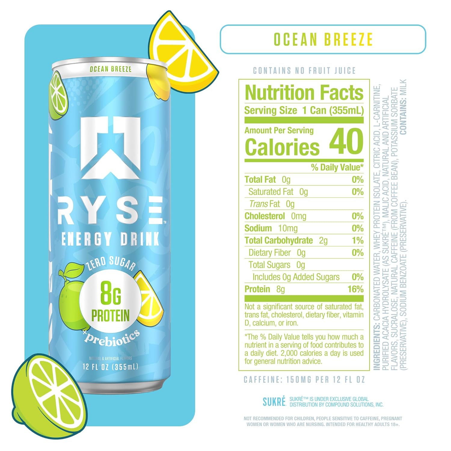 RYSE Functional Energy Drink - Ocean Breeze - 150mg Natural Caffeine, 8g Whey Protein & 1g Prebiotics - Sugar Free, Gut-Friendly, Bloat-Free - 12 fl oz Cans (12-Pack)