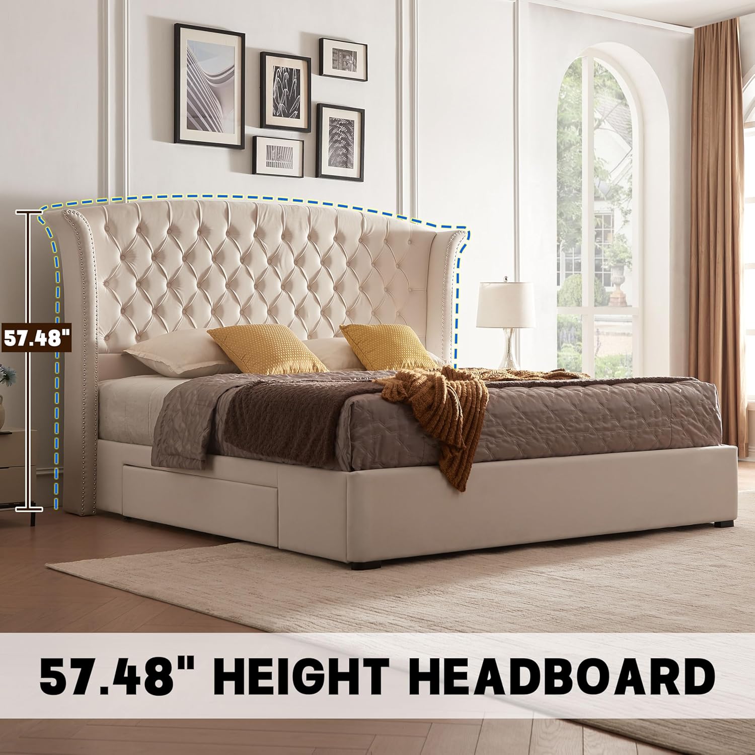 Upholstered King Size Bed Frame with 2 Storage Drawers, Button Tufted Wingback Headboard, Heavy Duty Mattress Foundation with Wooden Slats, No Box Spring Needed, Easy Assemable, Beige
