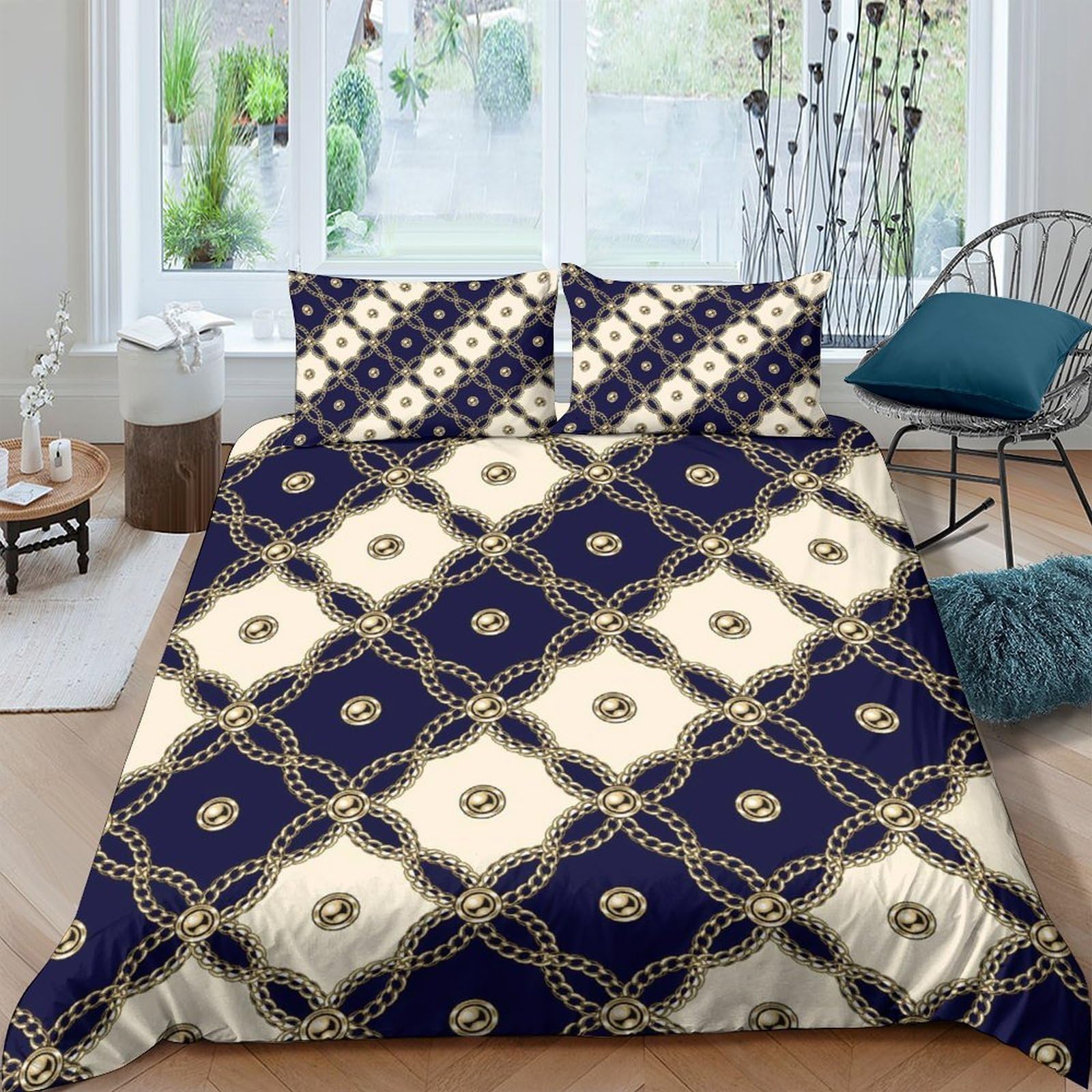Ctjqhvkz Style-8 3D Printed Geometric Navy Fitted Sheet Microfiber Slip-Resistant Cream Lattice Mattress Cover Bedroom Decor Single（135X200cm）