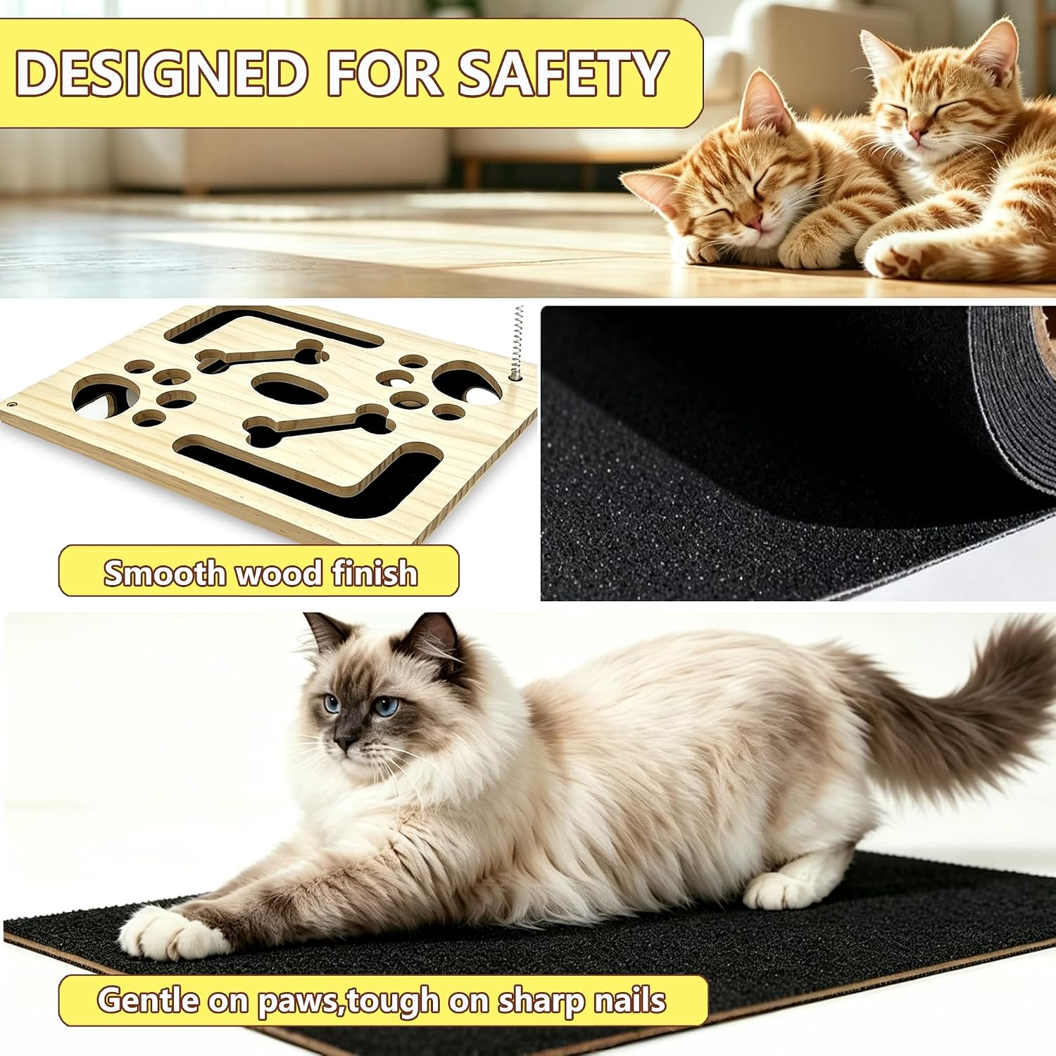 Cat Toys for Indoor Cats - Interactive Wooden Puzzle Scratcher Box with Nail File, 3 Jingle Balls and 1 Feather Wand, Treat Feeder Enrichment for Bored Kitten, Stimulating Hunting Play Toy image 3