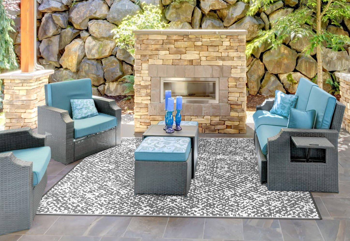Lightweight Outdoor Reversible Durable Plastic Rug (6x9, Rio Grey/White)