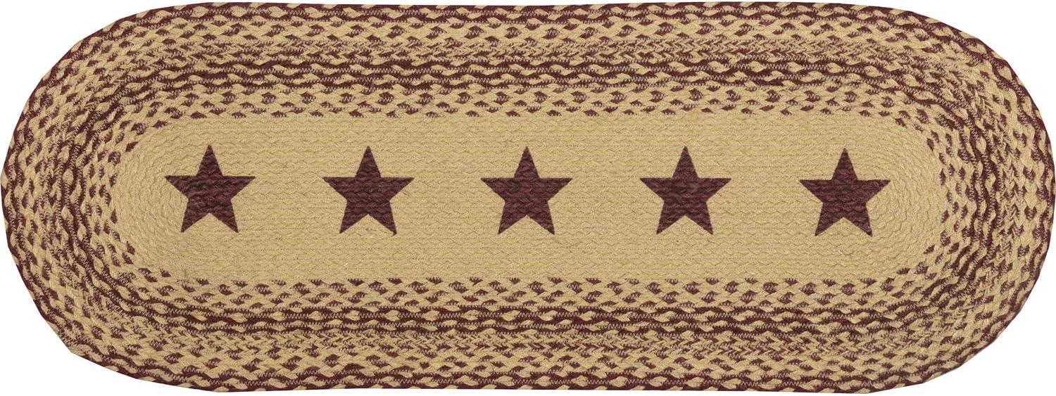 VHC Brands Burgundy Tan Primitive Jute Runner Braided Textured Stenciled Stars 13"x36"