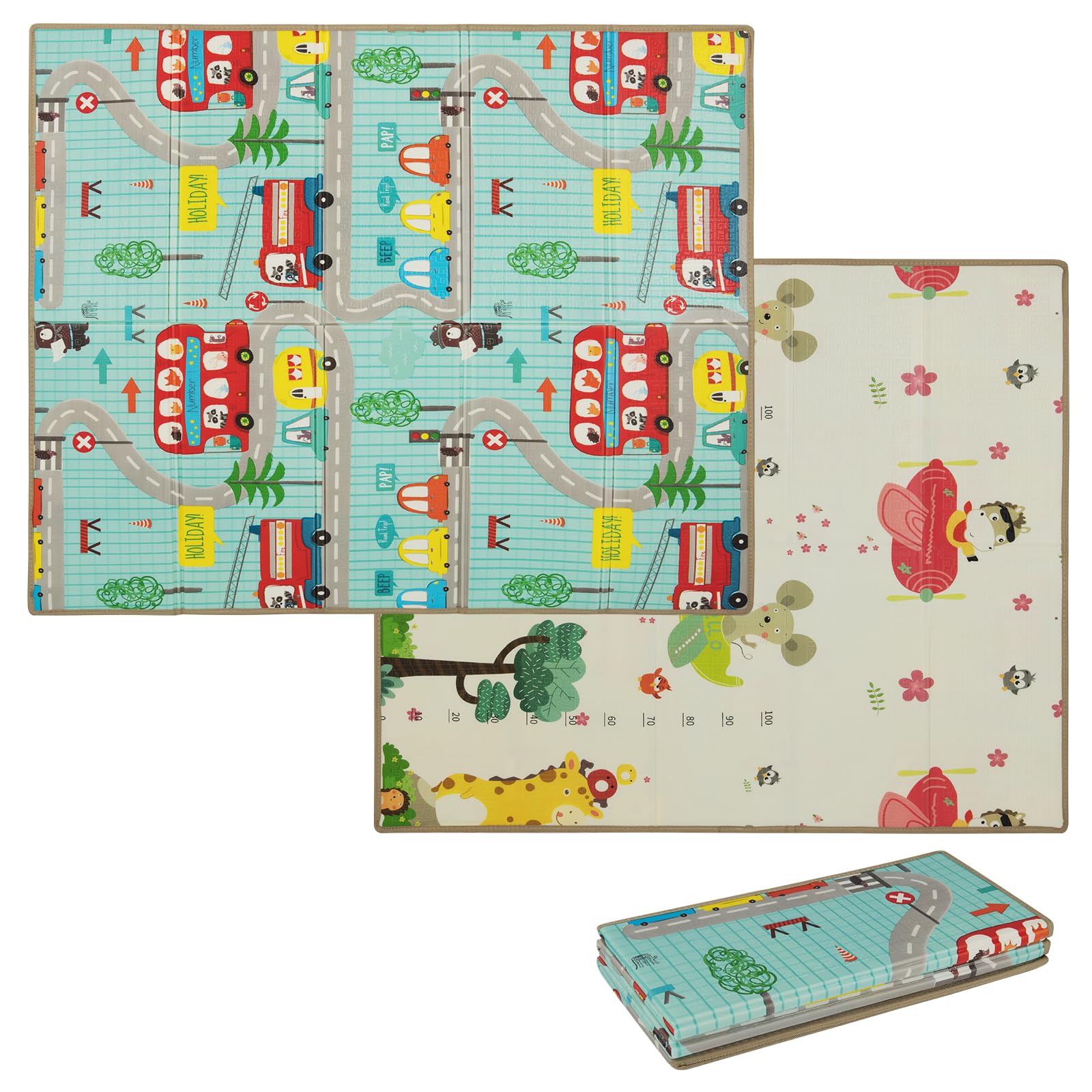 COSTWAY Foldable Baby Play Mat, Reversible Non-Slip Foam Playmat, Waterproof Thick Floor Crawling Mats for Babies Toddlers (Car+Animals, 178x148cm)