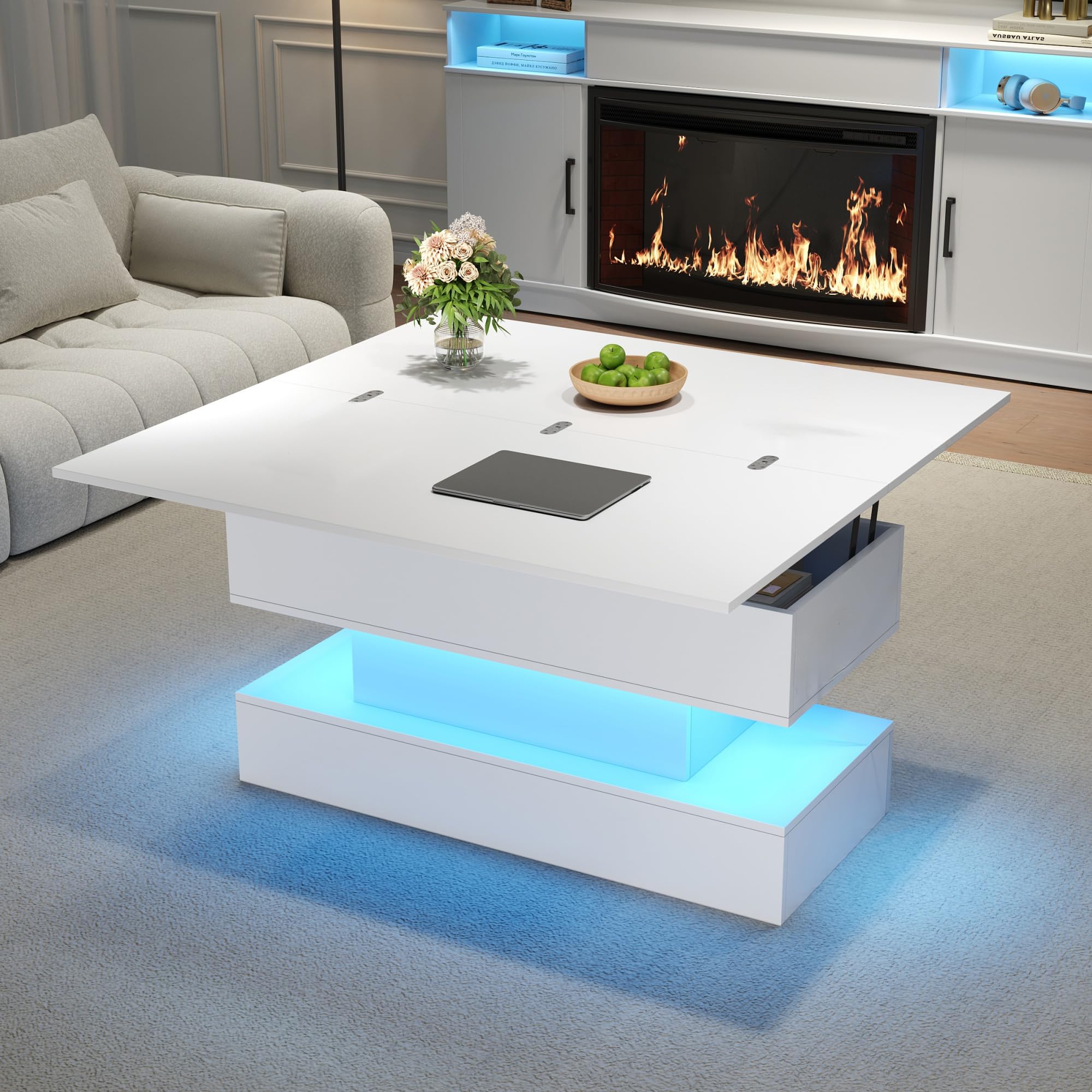 Coolfish 100 x 50 x 51.5 cm Coffee Table w/Power Outlet, USB Charging Port, Multifunctional Living Room Table w/LED, Liftable Coffee Table, Height-Adjustable Sofa Table, Side Table Dining Table