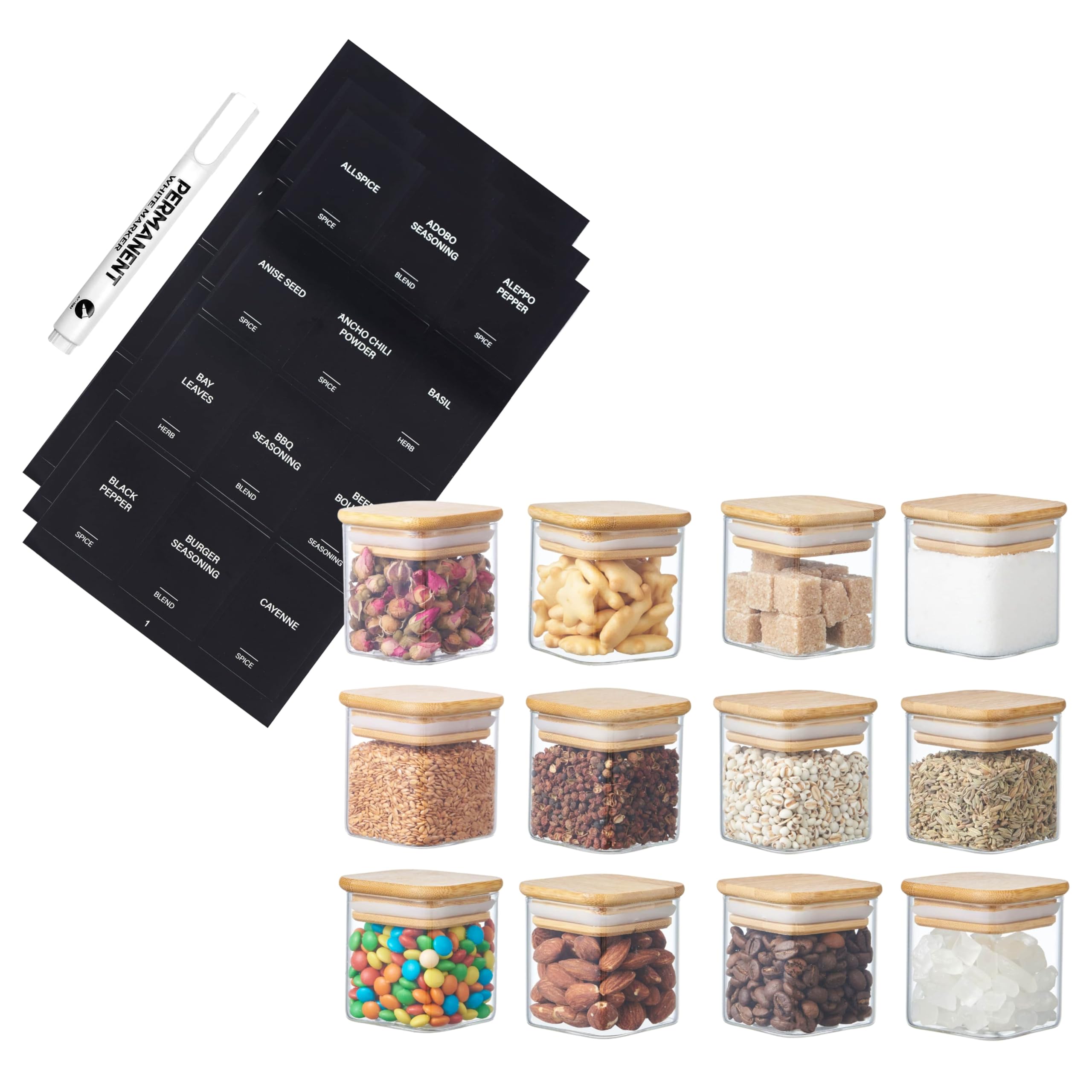 Small Square Glass Storage Jars with Airtight Bamboo Lids | Kitchen Organization Containers | Spice Jars with Preprinted Labels & White Marker – Pantry Storage for Herbs & Spices (12, Clear, 150ml)