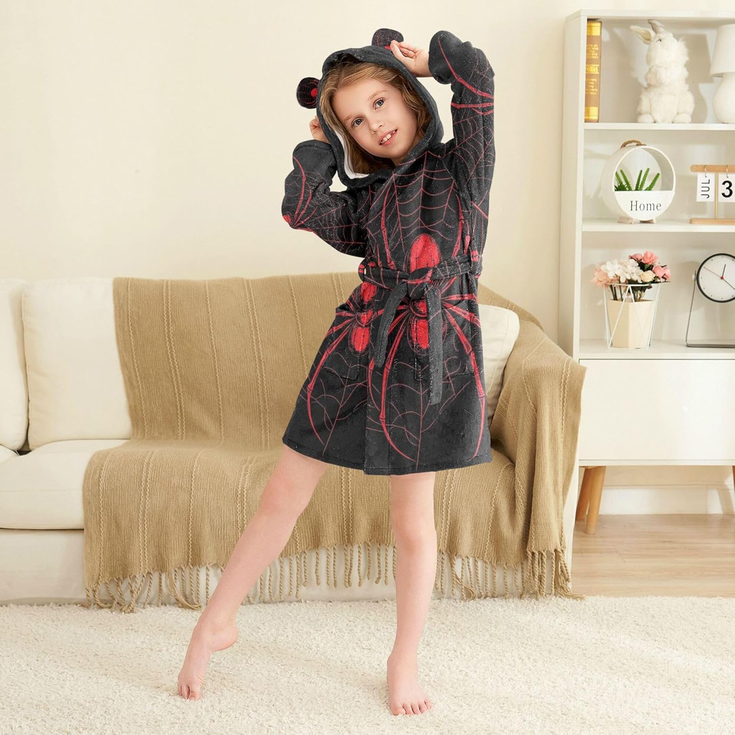 Halloween Spider Web Black Red Bathrobe Hooded PJ Robe Soft Fleece Robe Pajama Sleepwears 2-12 Years