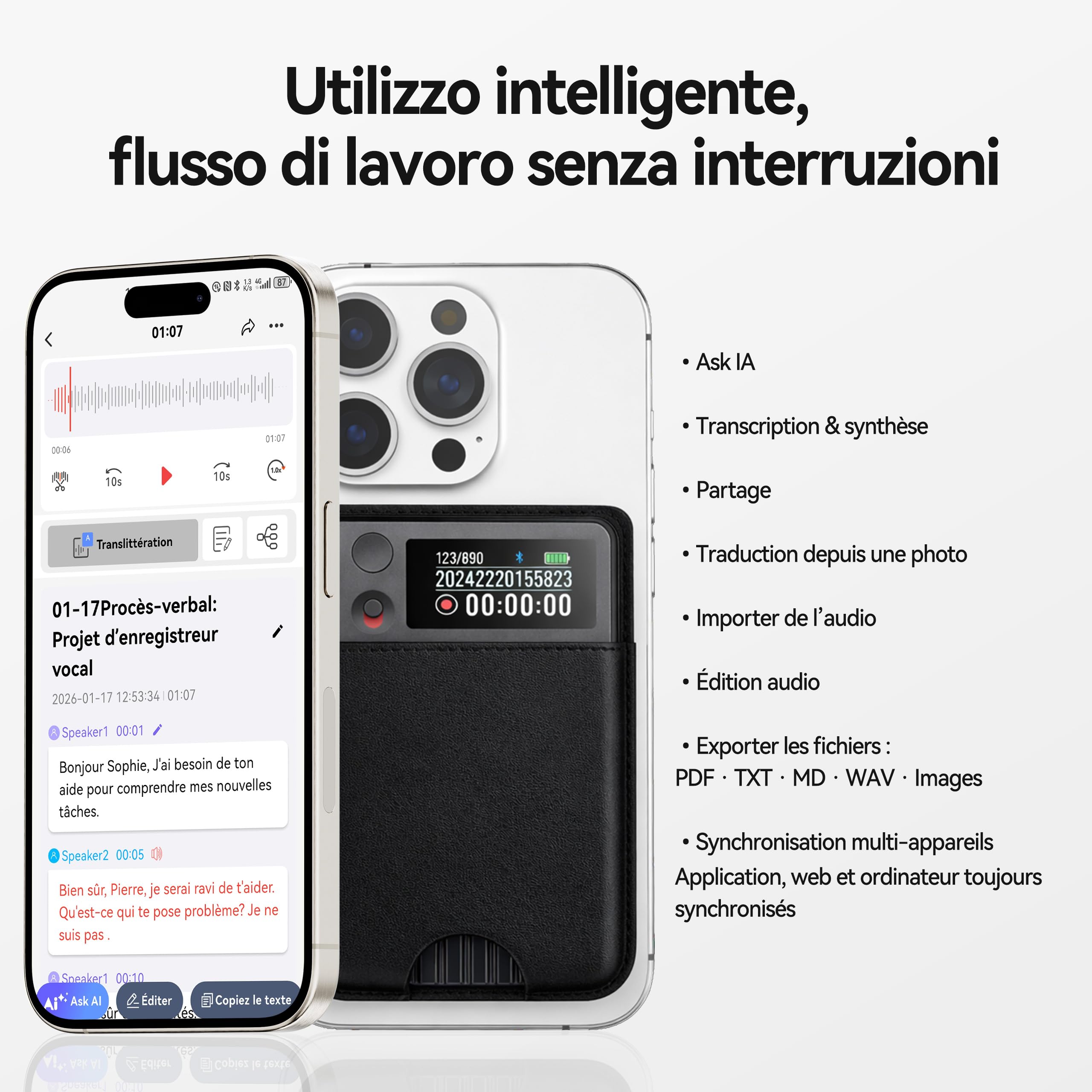 Enregistreur Vocal IA avec Transcription et résumé AI avancés Dictaphone IA | 1200 Min/Mois, Audio HD, avec étui, pour réunions de Travail, Cours et appels, Cadeau pour Professionnels et étudiants