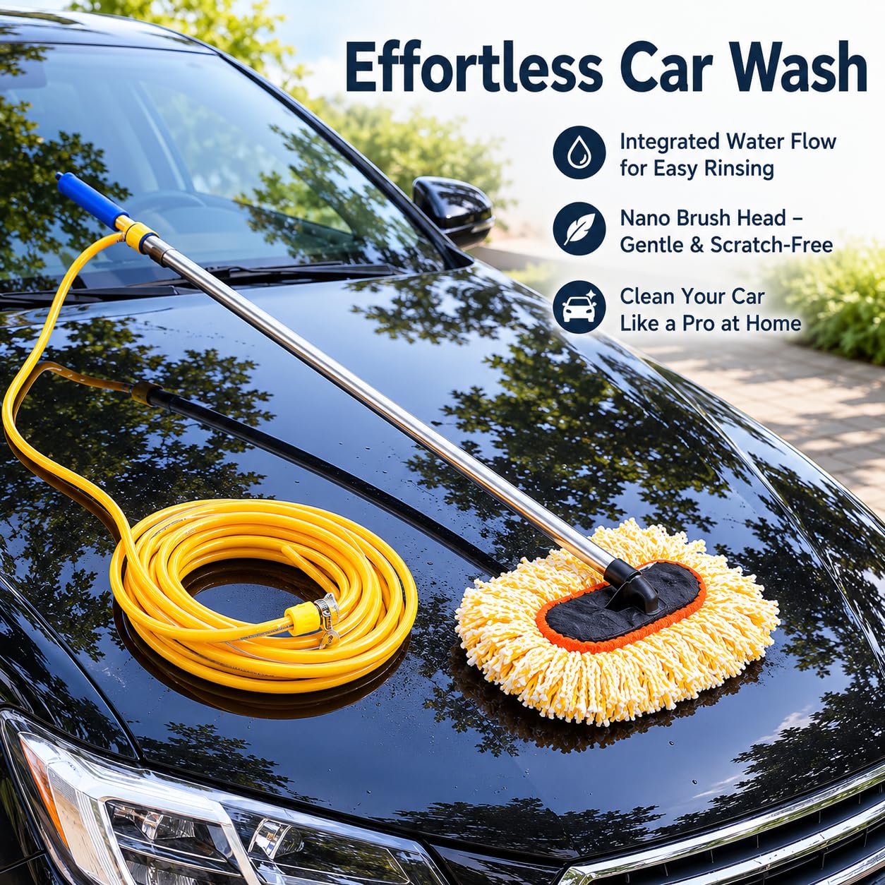 Lot 1 Mop de Lavage de Voiture à Passage d'eau, 2 raccords Rapides + Tuyau d'eau de 10 m, Manche télescopique, adapté pour SUV et Camping-Car