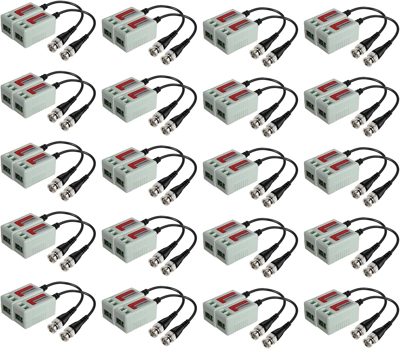 Video Balun Connectors Passive HD CVI/AHD/TVI Signal Transceivers 720P/1080P/2MP Single Channel for BNC Male Cable via CAT5/5E/6 Twisted Pair Transmitter CCTV Security Camera System 20 Pairs