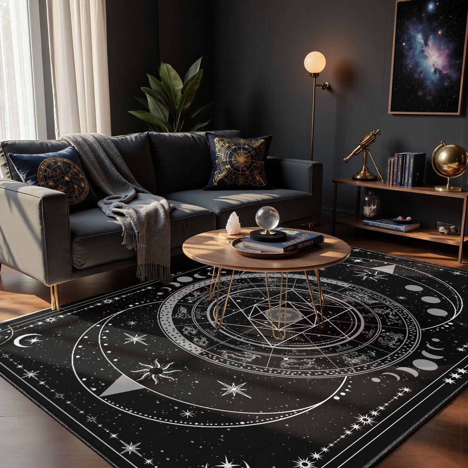 Bycmuoz Celestial Witchcraft Bedroom Rug, 160x230cm, Divination Theme Moon Phases Tarot Symbols Entrance Carpet, Gothic Black Front Porch Rug, Soft Durable Fade Resistant Mat for Entryway — image 1