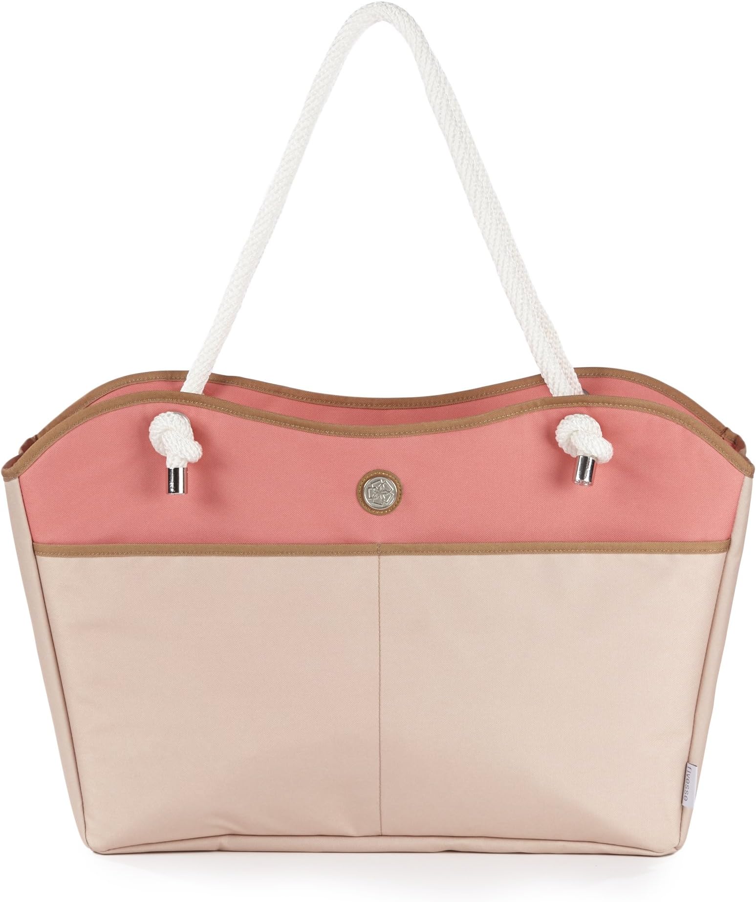 Large 20" Waterproof beach Bag and Tote with 8 Pockets, Coral Color Block Pattern and Waterproof Zipper