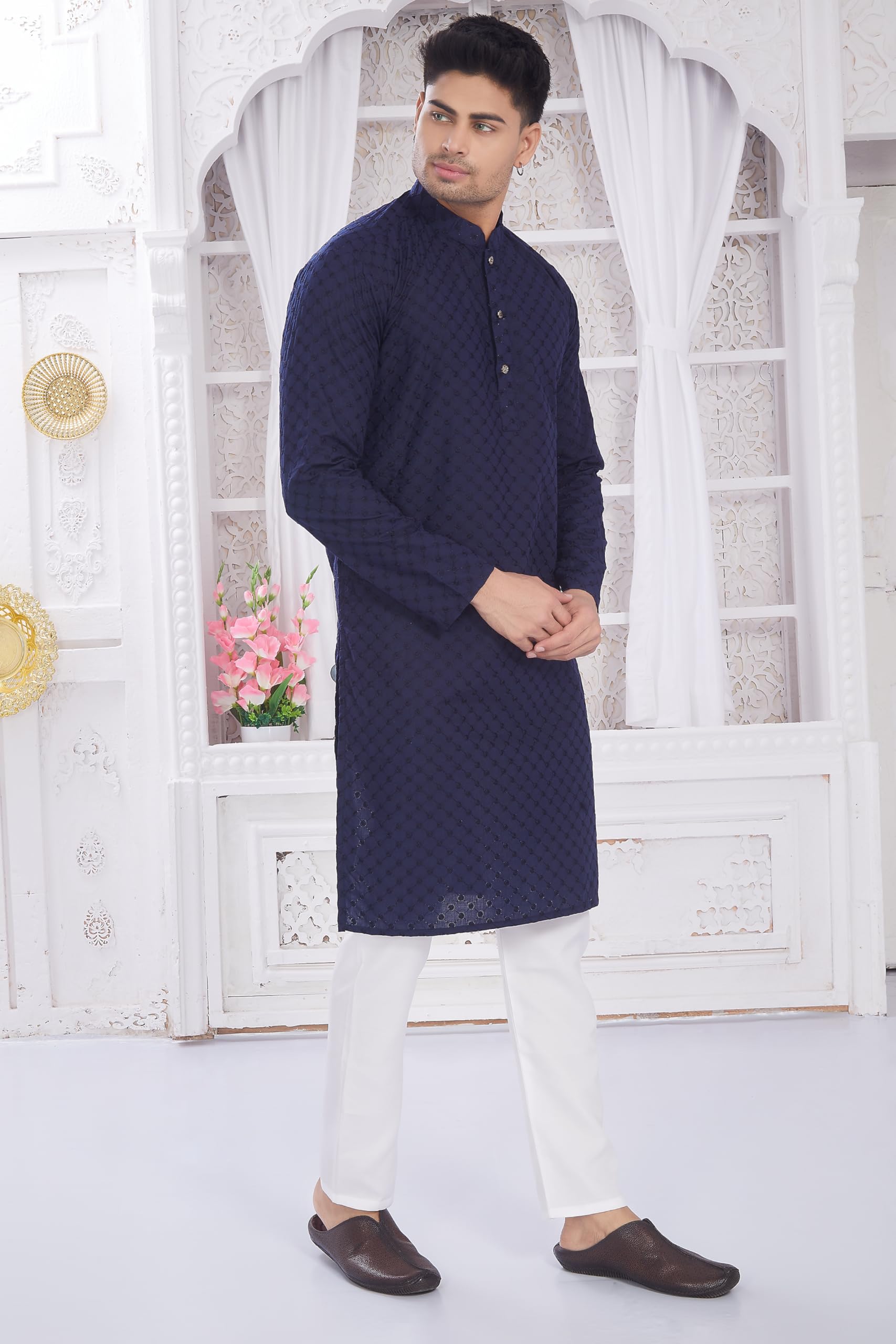 Divisive Men's Thread Embroidered Cotton Only Slim Fit Kurta (Dkrt634_M_Navy)