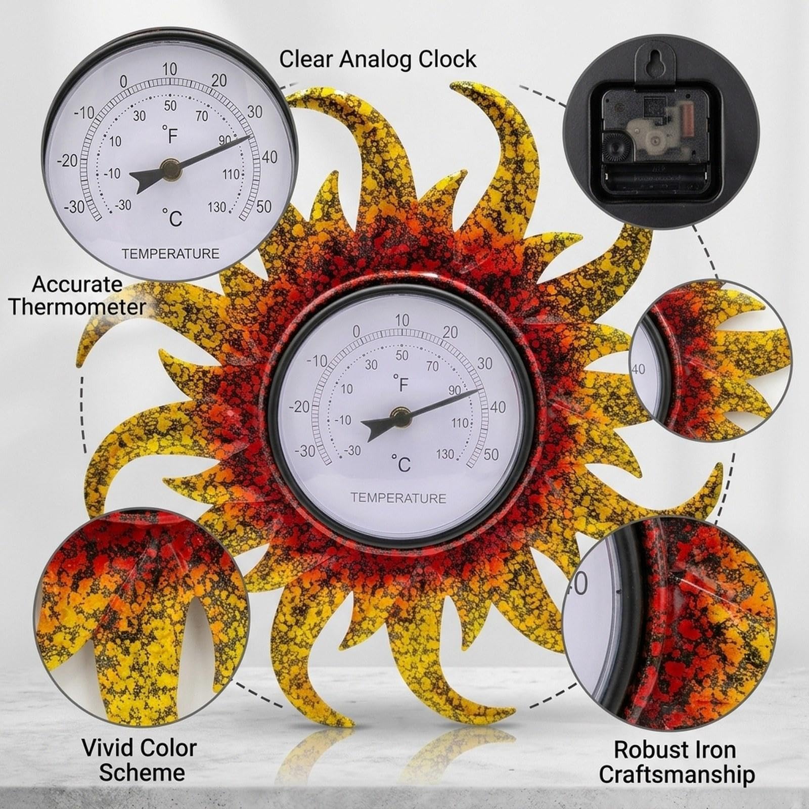 KESOTO Termometro da esterno decorativo in ferro, diametro 38 cm, ornamento decorativo da esterno a forma di girasole, termometro da parete per balcone e, a
