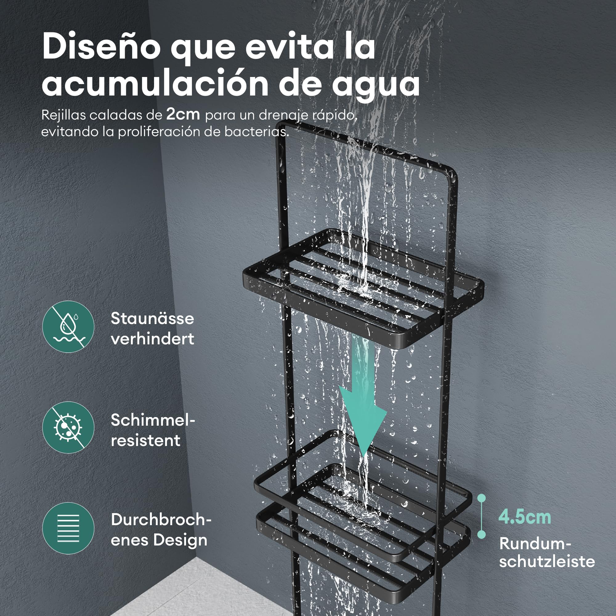 Mai & Mai Estante de Baño de Pie con 3 Niveles, Espacio Amplio para Almacenaje, Asa Práctica, Drenaje Rápido, de Acero Carbono y Base Antideslizante, Ideal para Baño y Bañera, Negro,Reglo-02 | Reglo-02 - Estantería de pie para baño (18 x 12,5 x 67,3 cm, m