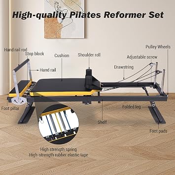 Pro Pilates Reformer,Foldable Pilates Machine for Home Gym Workout,Home Pilates Equipment with Dual Resistance- Springs and Cords,Pilates Machine for Advanced,Beginners(Black & Yellow