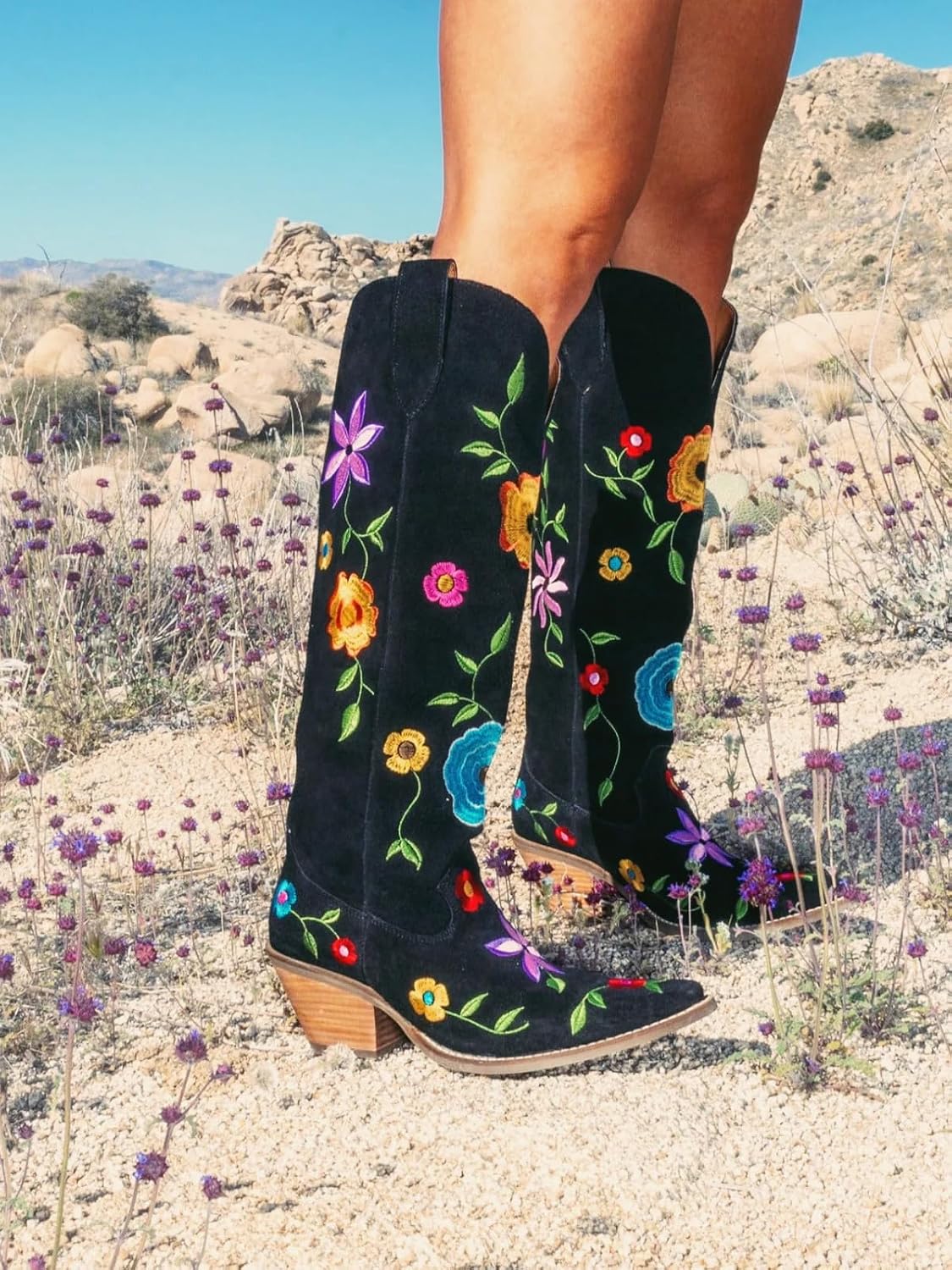 Embroidered Cowboy Boots for Women Suede Flower Cowgirl Western Knee High Boots Pull on Pointed Snip Toe Fashion Block Chunky Heel Tall Boots