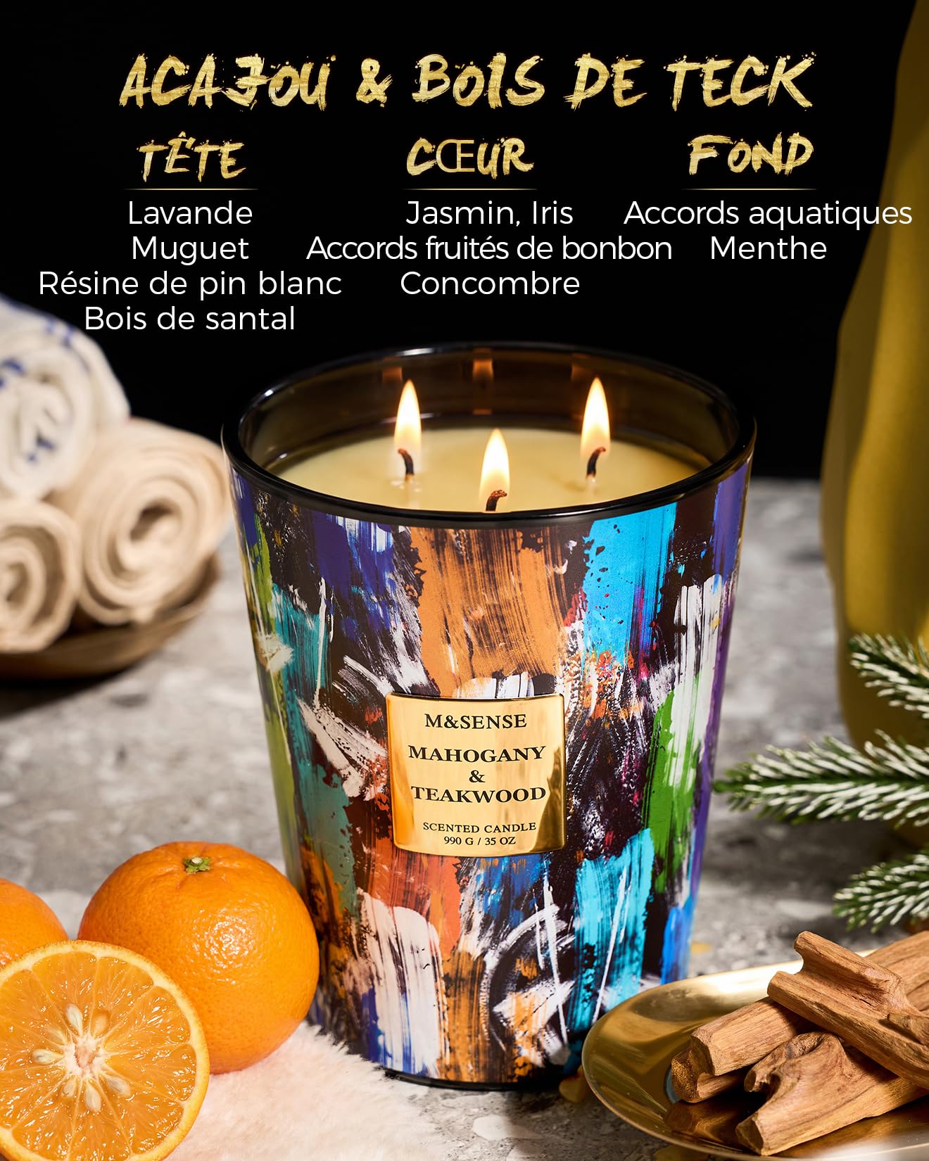 M&SENSE Grande Bougie Parfumée 3 Mèches, 990g Cire de Soja Acajou et Bois de Teck, 150 Heures, Bougie Décorative Luxe Verre Peinture à l'Huile, Cadeau Maison Bureau Concentration Homme Femme