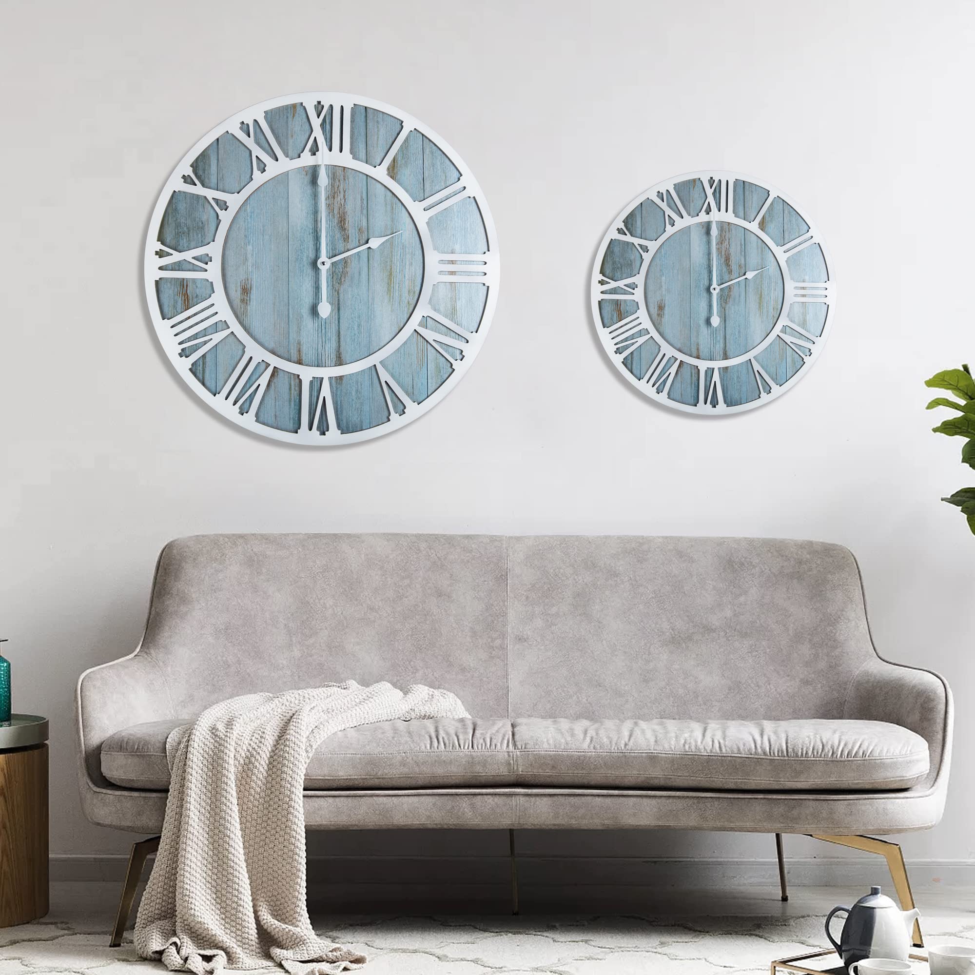 Orologio da Parete Rotondo in Legno Moderno Vintage Blu 40 cm Numeri Romani Arredamento Soggiorno, Orologio da Parete Light Mark Home Decor Giardino Ufficio Cafe Arredamento Camera da Letto - 40 cm