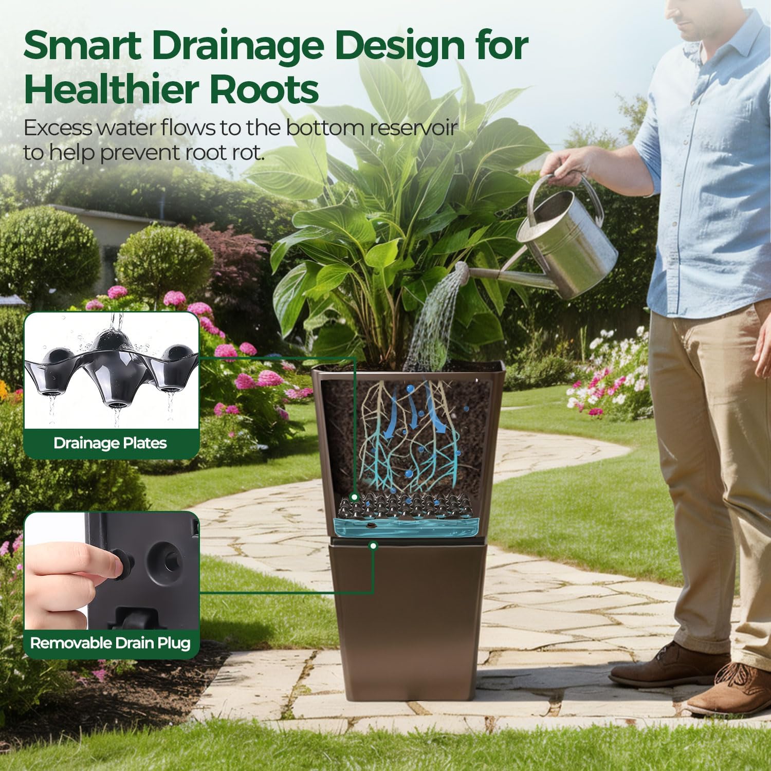 T4U Tall Planter for Outdoor Plants, 24.8 Inch Outdoor Planters for Porch Set of 2, Large Planter for Indoor & Outdoor Plants with Wheels Drainage Plug, Front Porch, Patio, for Home Decor (Dark Brown)