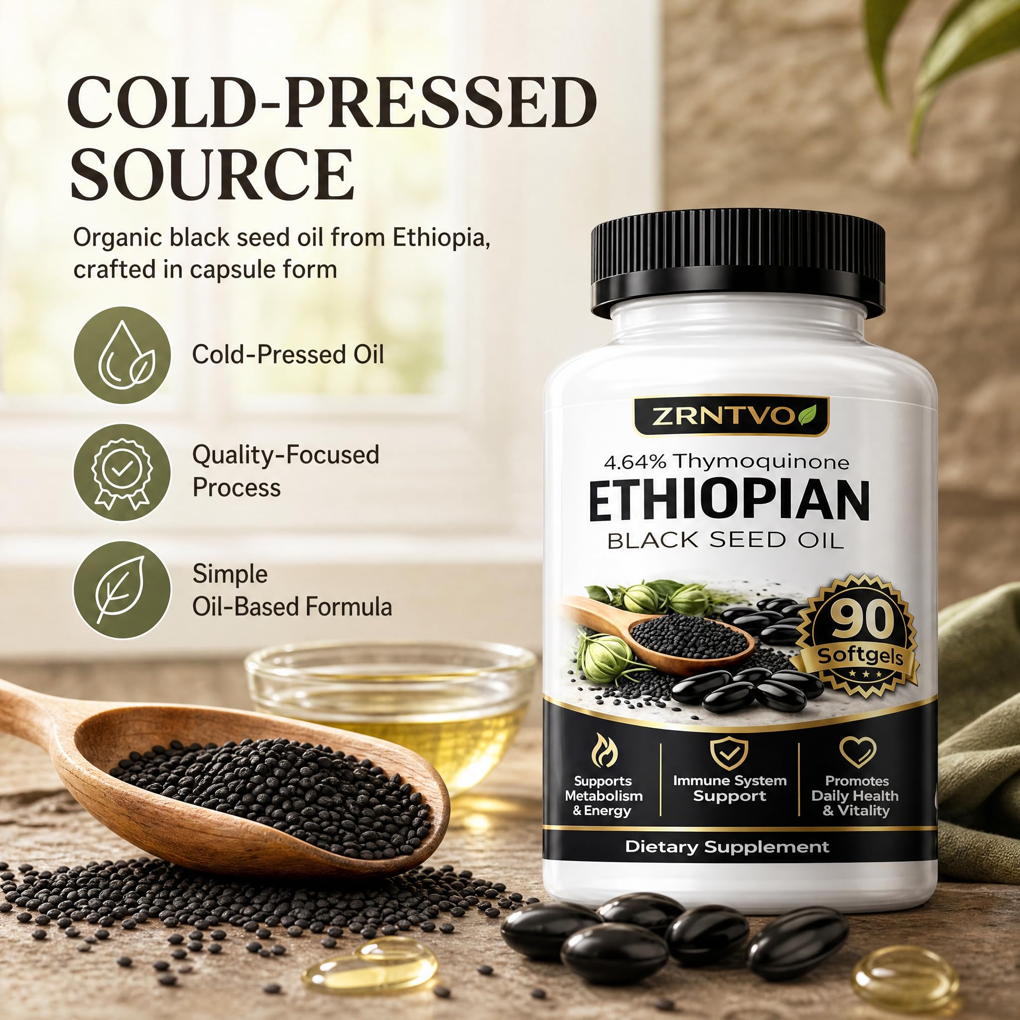 Ethiopian Black Seed Oil Capsules, Organic Cold Pressed Black Seed Oil with 4.64% Thymoquinone, Non-GMO, Gluten-Free, 90 Capsules — Amazon image 4