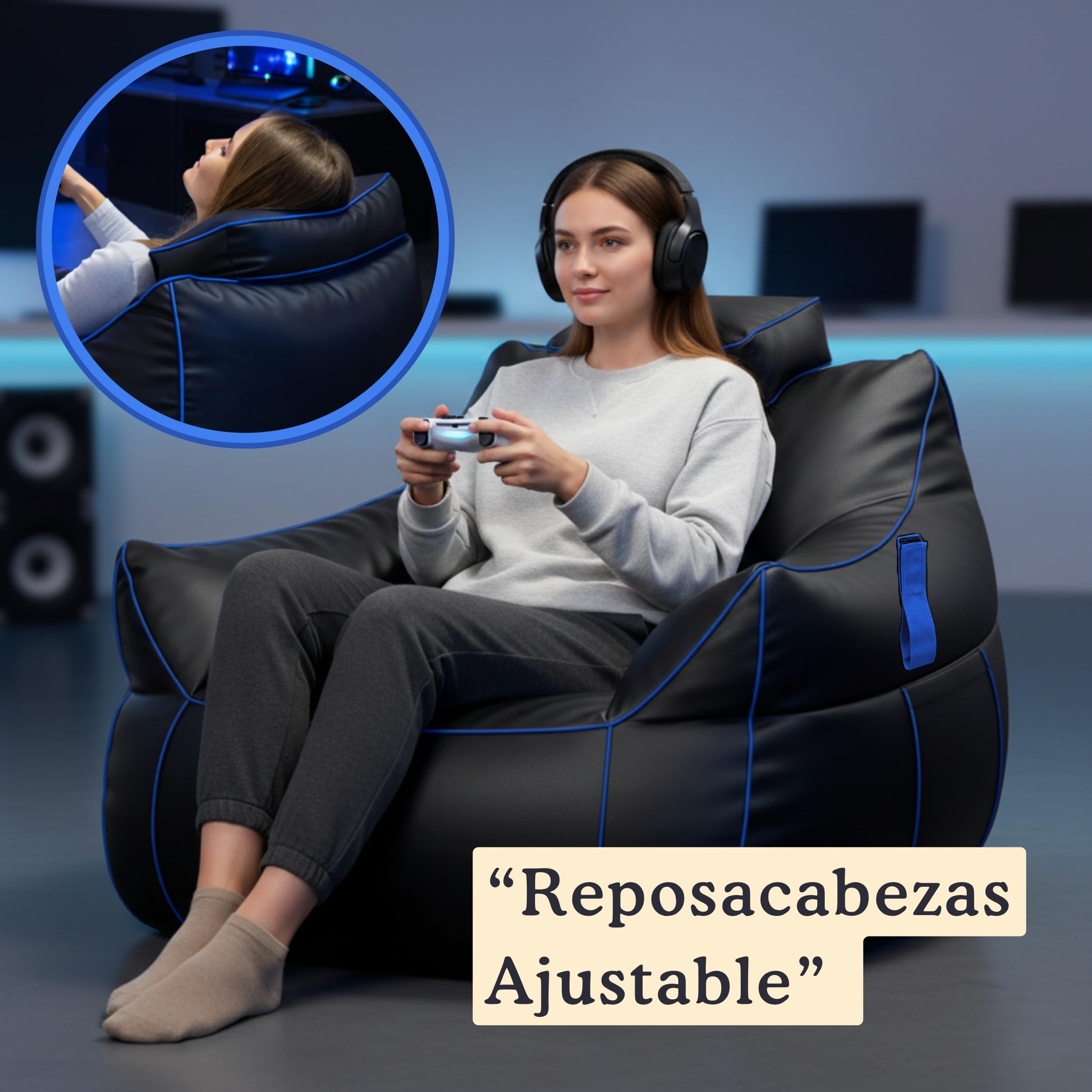 bananair - Puff Gamer XXL - Confort Estable - Relleno de Espuma - Reposacabezas Ajustable y 2 Bolsillos - Apto para Adolescentes y Adultos para Juegos, TV y Relajación (110×100×90 cm, Azul)