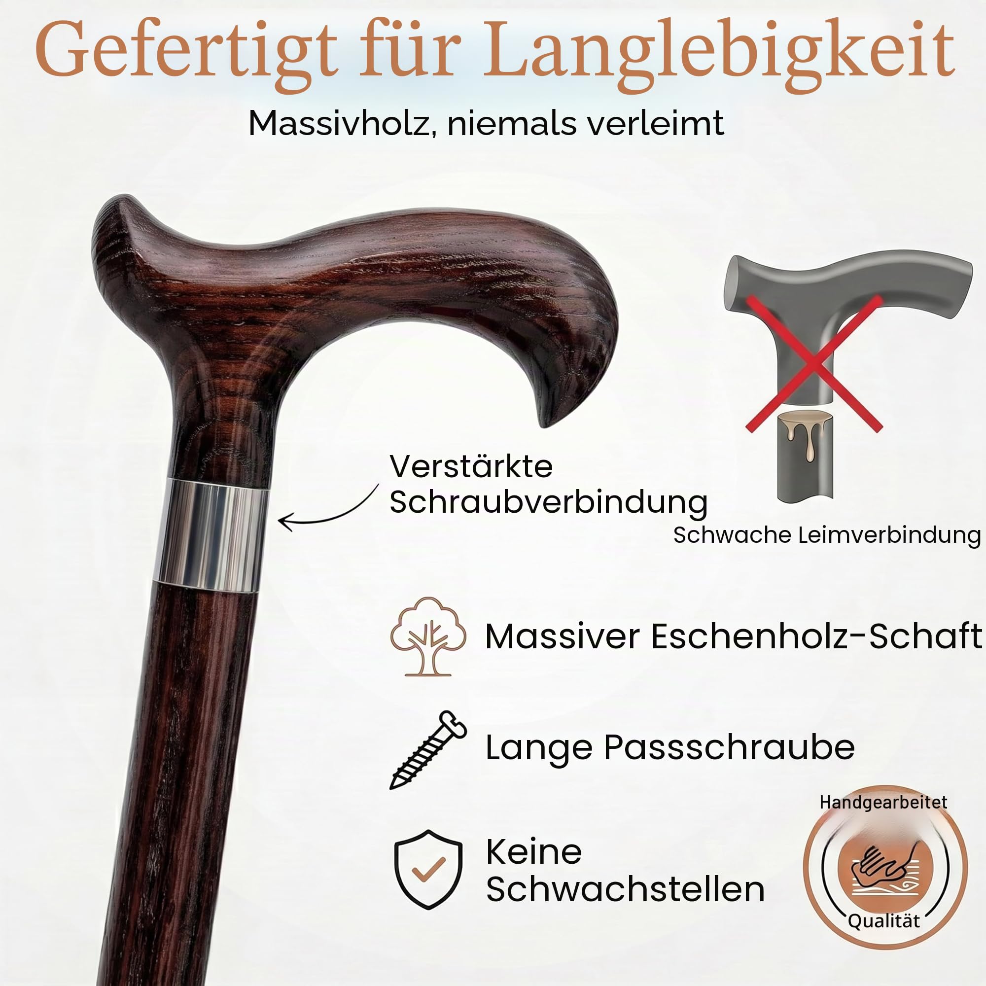Dr. Watson Classic Derby Walking Stick – Handcrafted Ash Wood Cane with Polished Stainless Steel Collar