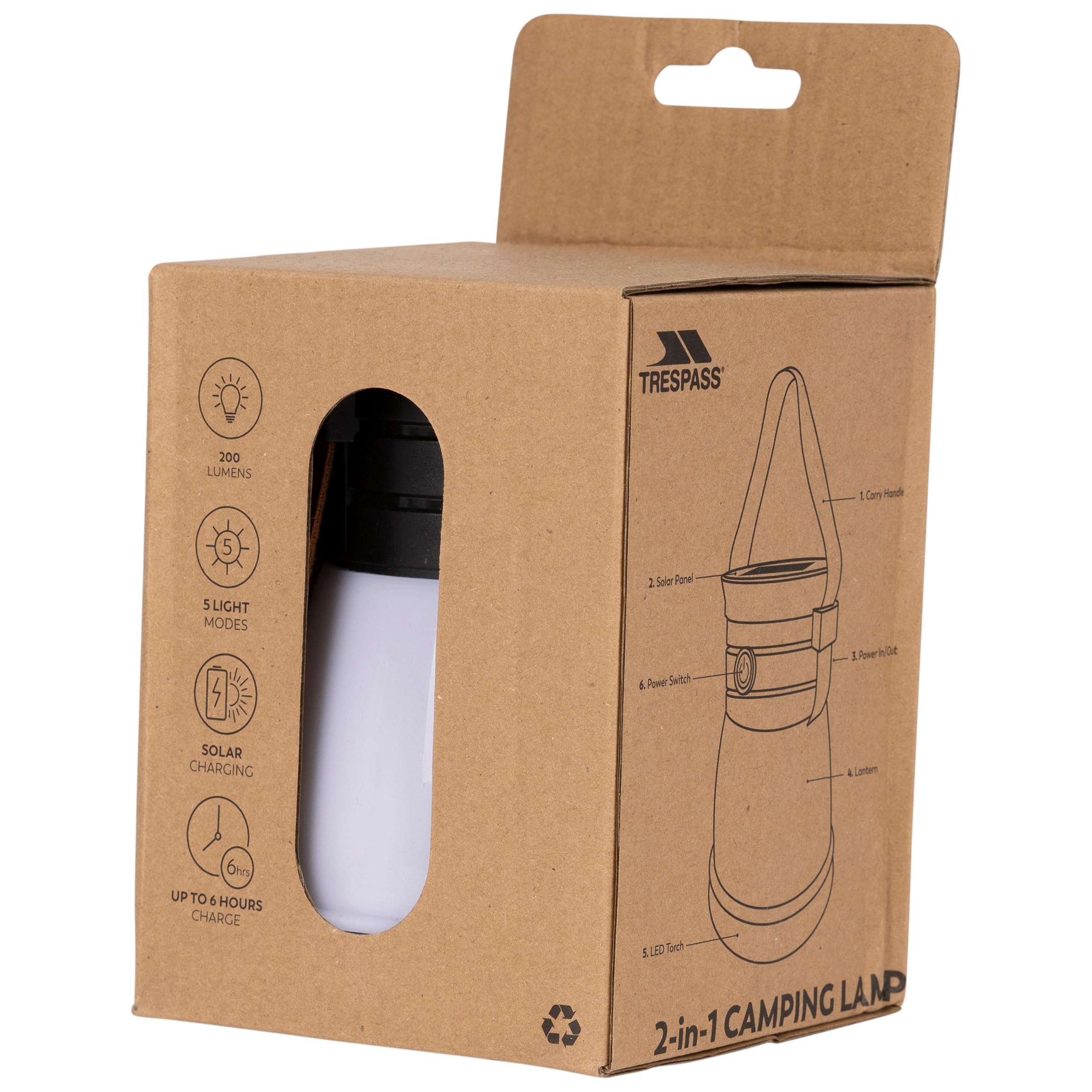 Trespass Linterna 2 en 1 Hugos - Carga solar recargable USB-C