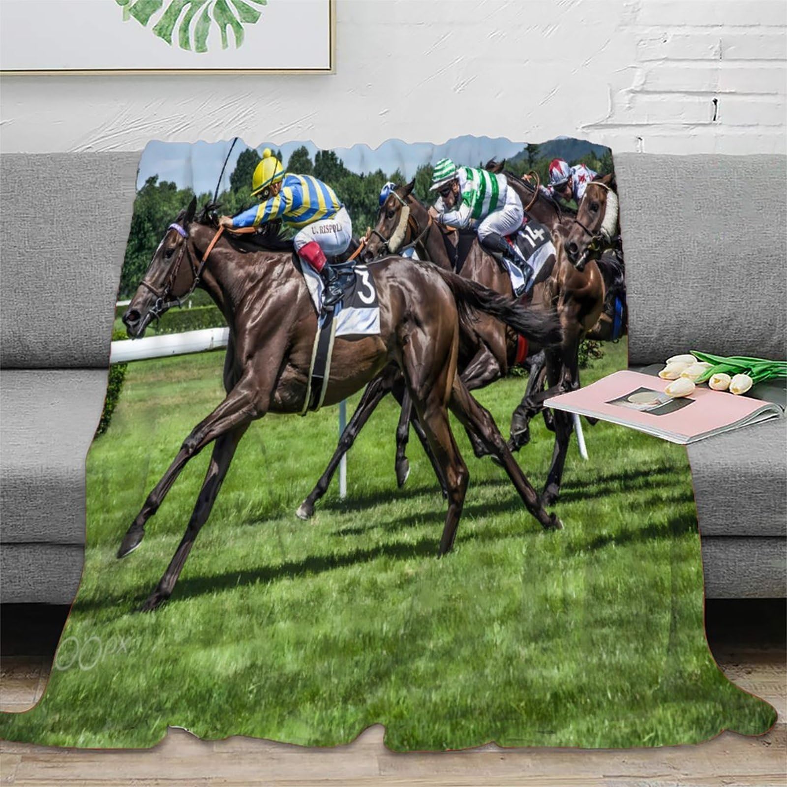 Otbsdnkzz Xu5srb04cjbc 3D Printed Horse Racing Action Soft Throw Microfiber Ultra Soft Bedding Warm Thermal Dynamic Sports Event Bed Throw Machine Washable No Shedding For Kids Adults Renters 50X60inch(127X152cm)