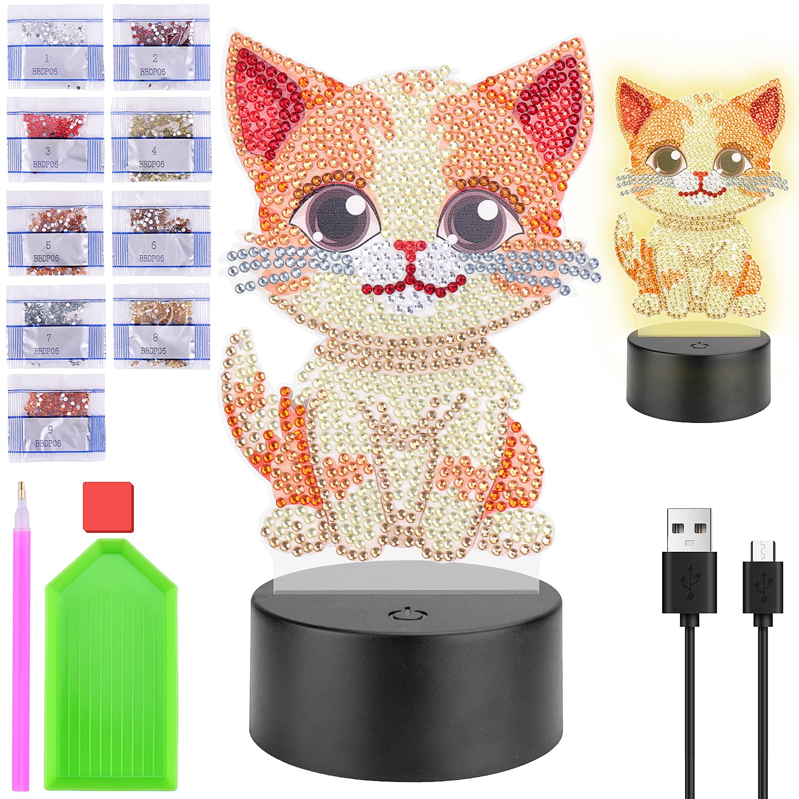 Zoyomax Diamond Painting Luce Notturna Regali Per Ragazze 5 6 7 8 9 10 Anni 3D Creative Diamond Painting Lampada Gatto Grigio, Regalo di Natale per Bambini dai 6 ai 12 anni
