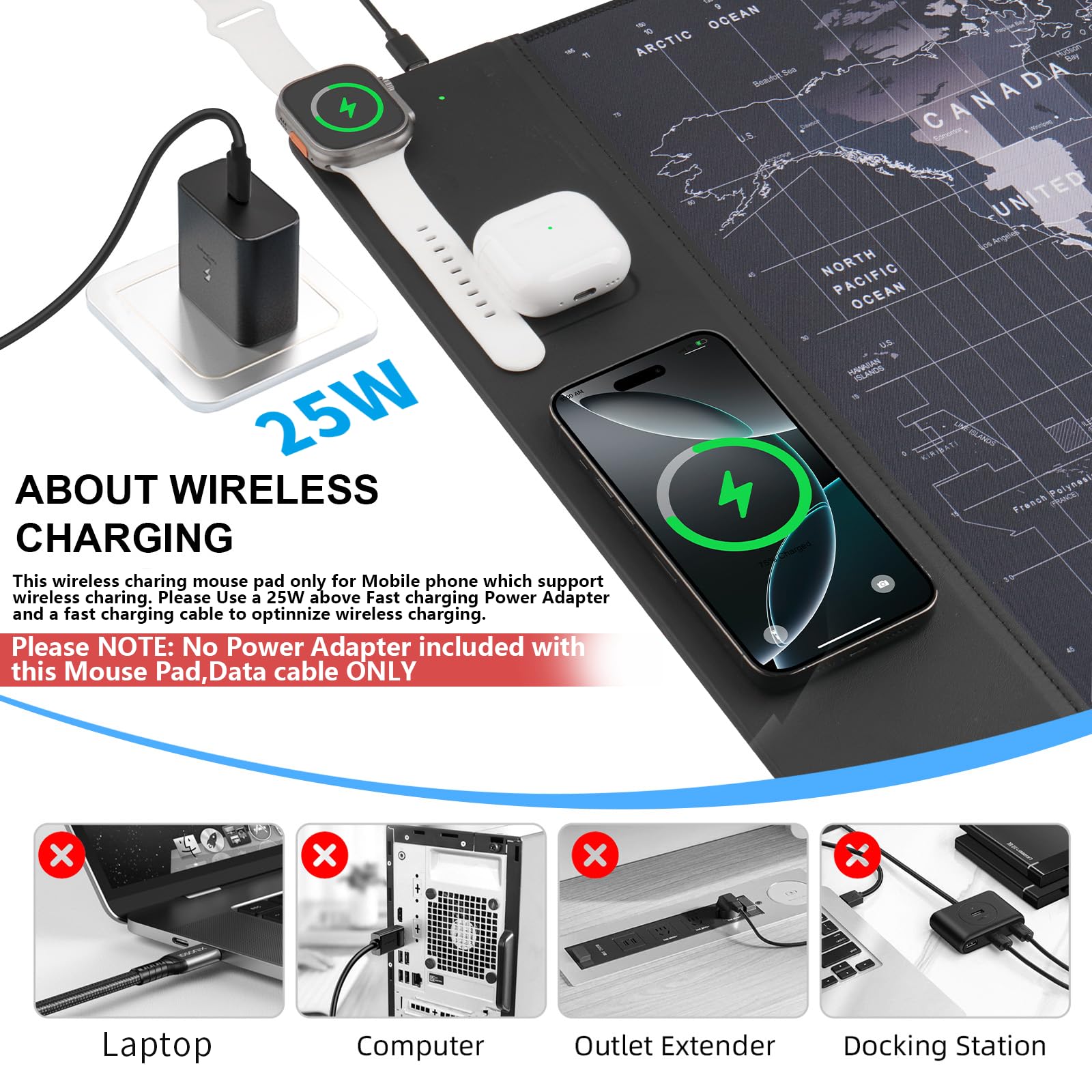 VOVIPO Pad de souris de charge sans fil 15W,Tapis de souris de jeu imperméable,XXL grand tapis de bureau 90 x 40cm, Carte du monde noire Computer Desk Pad noir pour MacBook/PC/ordinateur portable