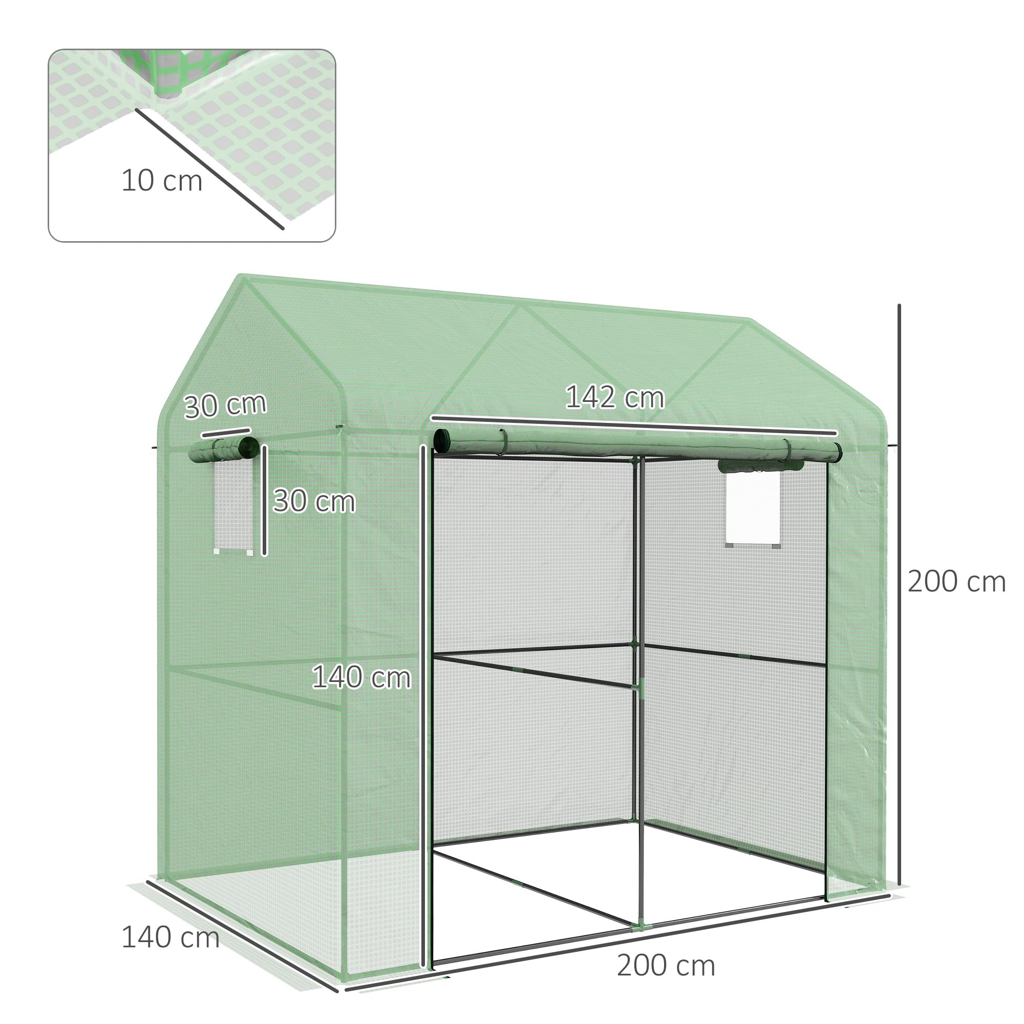 Outsunny Serre de Jardin PE, Serre de Balcon, bâche renforcée 135 g/m², châssis en Acier, Porte zippée Enroulable, pour légumes Plantes Fleurs, intérieur et extérieur, 200 x 140 x 200 cm, Vert