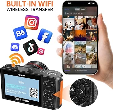 4K Digital Camera with 180° Flip Screen, Lens Cap, and 32GB Memory Card