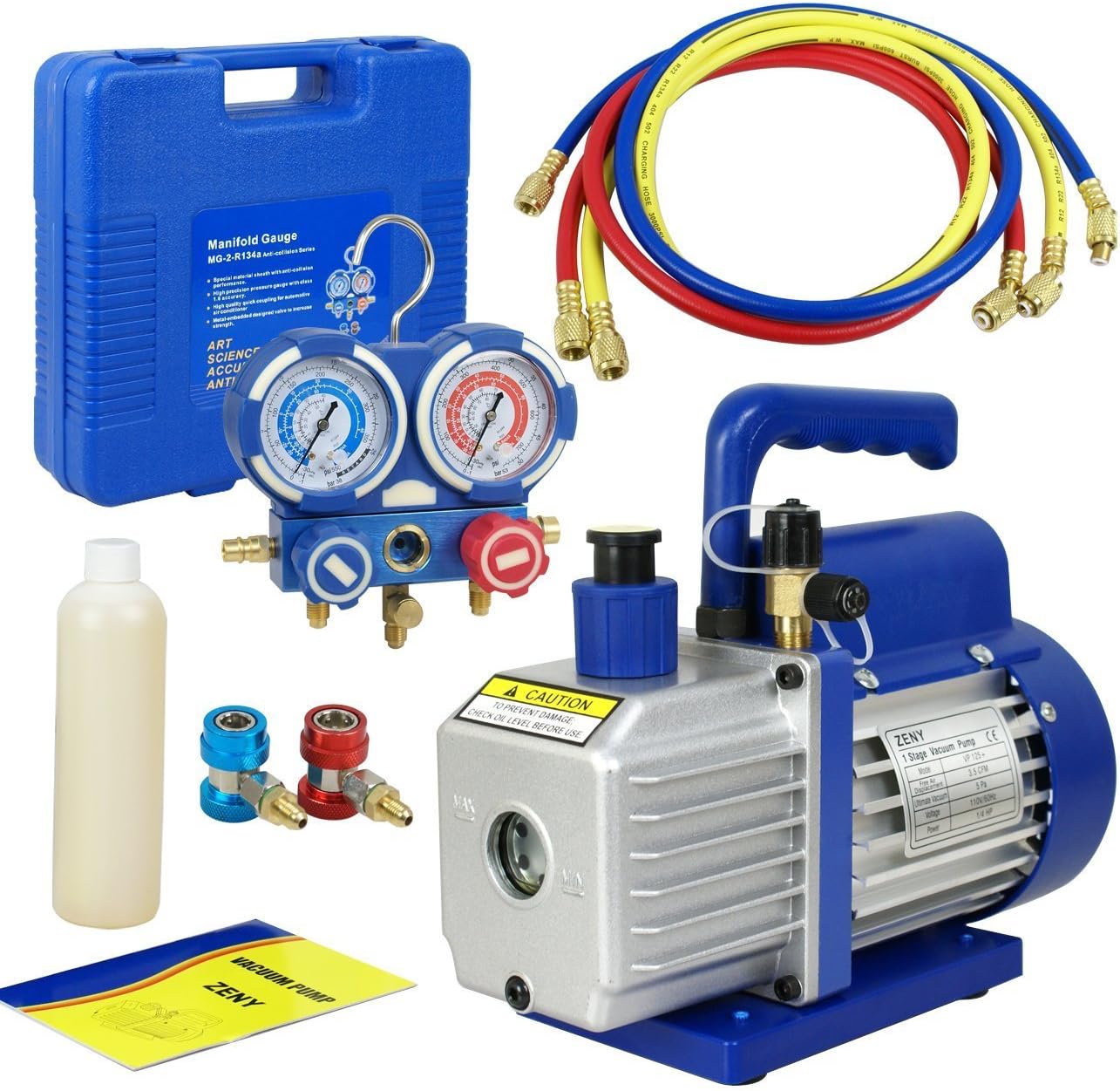 3.5 CFM Electric Single-Stage Rotary Vane Deep Vacuum Pump 1/4HP HVAC A/C Refrigeration Kit AC Manifold Gauge Bundle Kit R134a (3.5 CFM + Manifold Gauge)