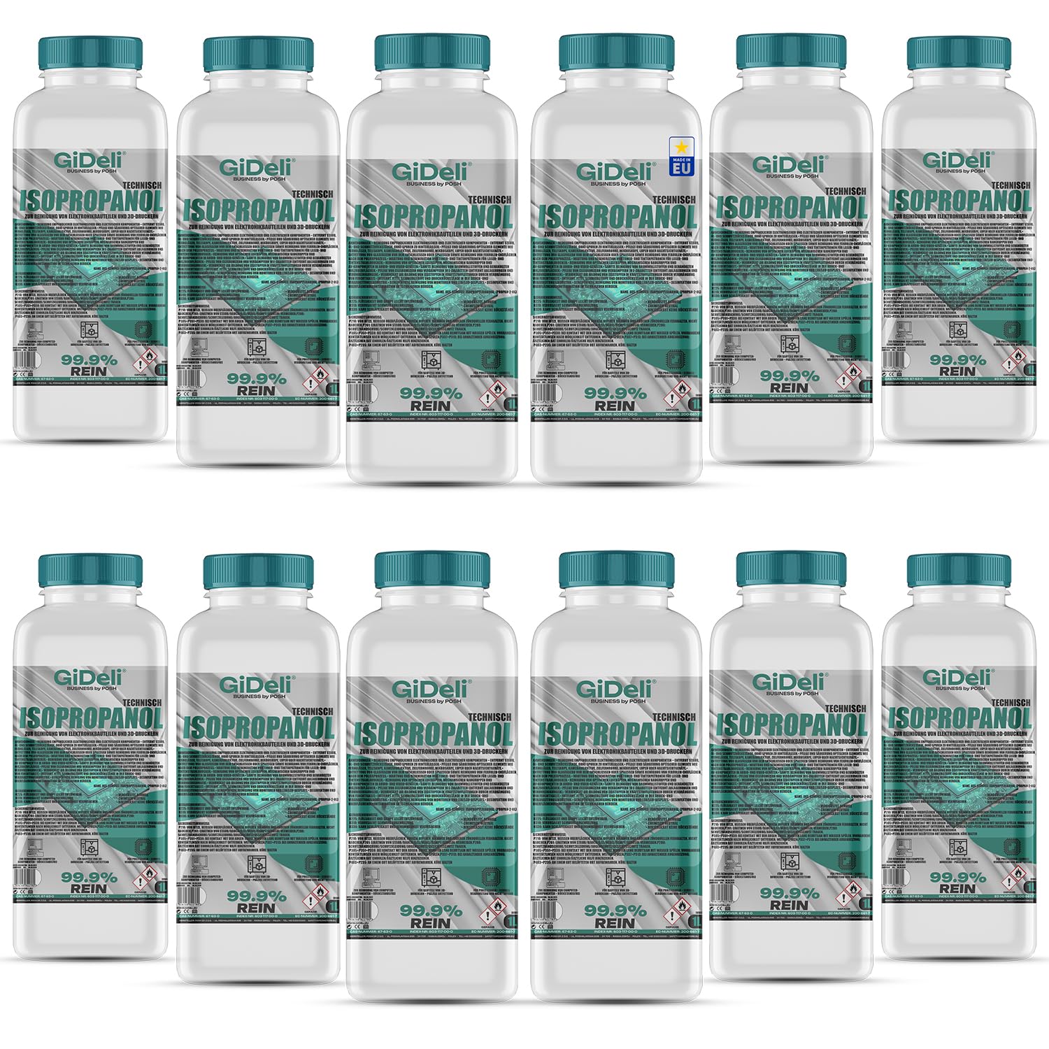 GiDeli Isopropanol techniczny 12 x 1 l – alkohol izopropylowy 99,9% – czyszczenie elementów elektronicznych i akcesoriów do drukarek 3D
