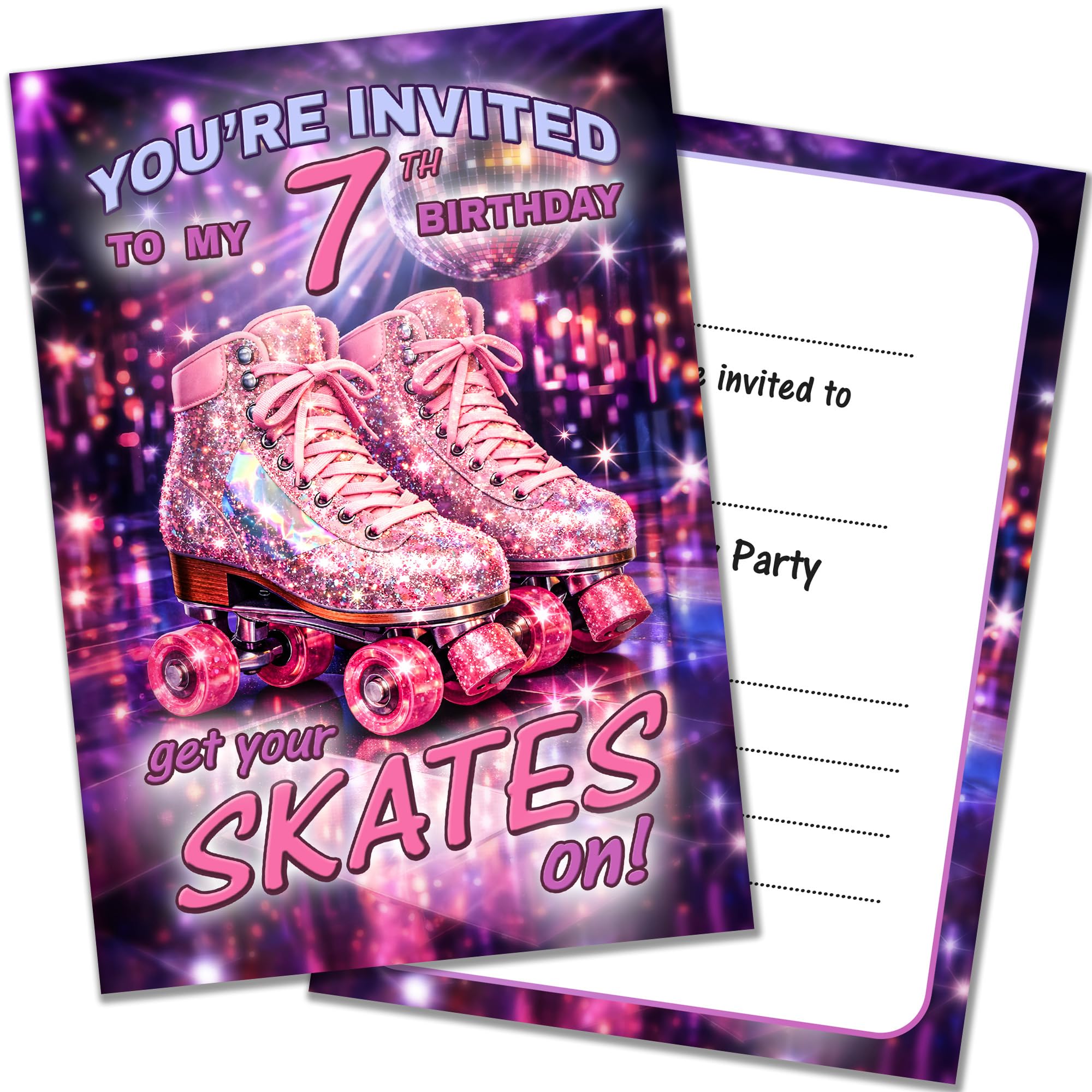 20 x 7th Birthday Party Roller Skating Invitations with Envelopes Pink Disco Rollerskates Design Double Sided Cards Designed and Printed in the UK
