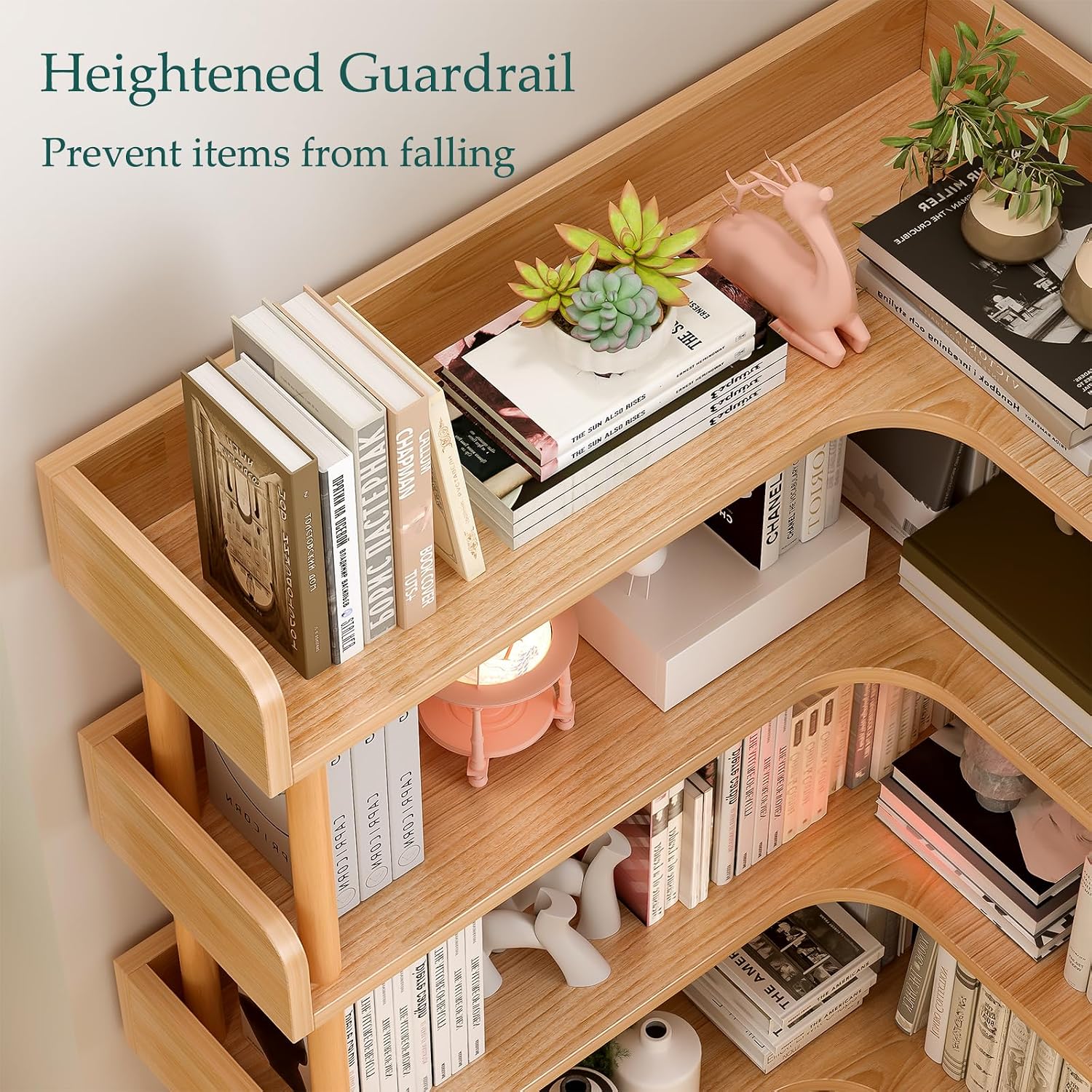 Close-up image highlighting the solid beech wood support posts with a 30mm diameter, emphasizing the sturdy construction of the bookshelf.