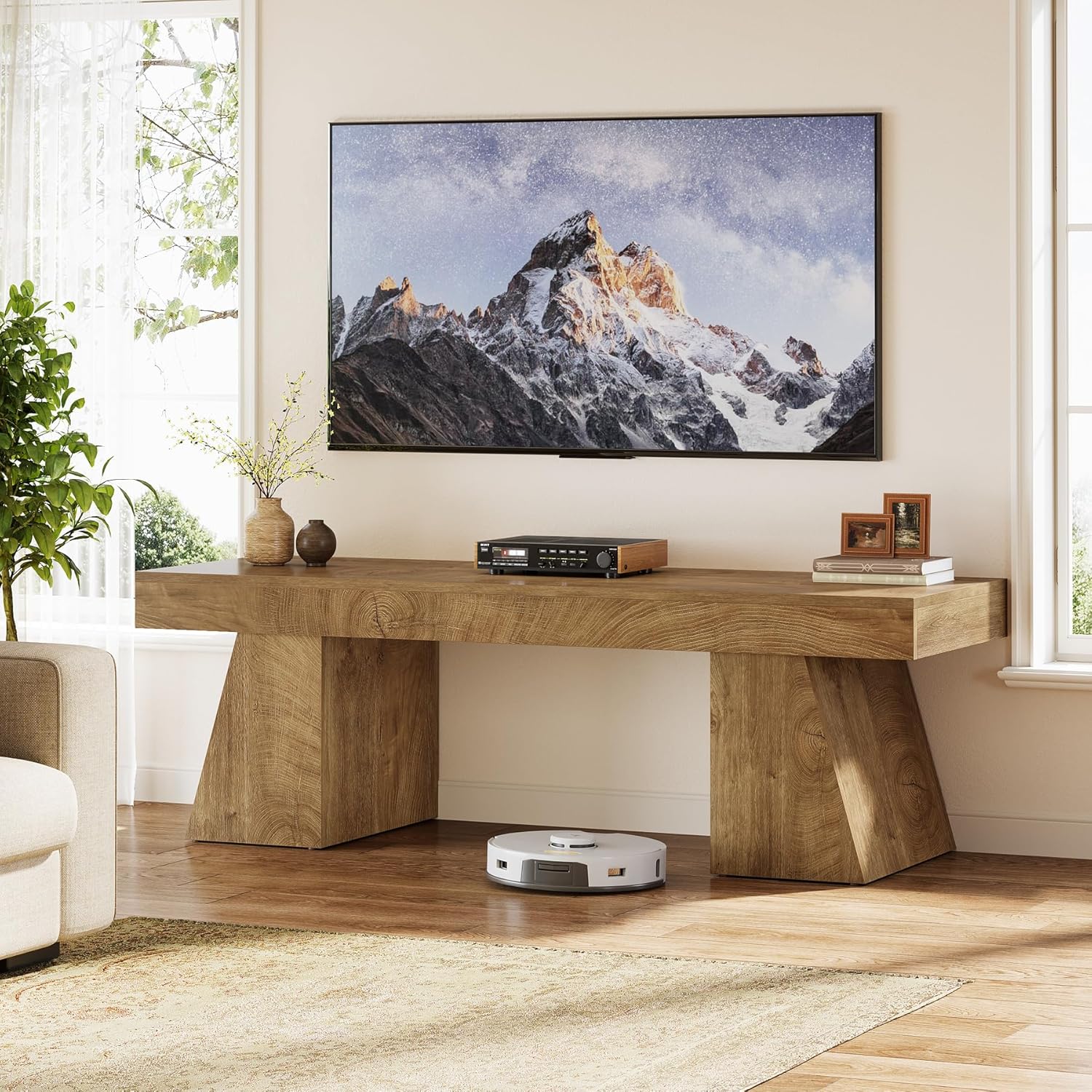 Tribesigns 63" TV Stand for 55/60/65/75-Inch TVs, Farmhouse Entertainment Center with Double Geometric Pedestal, Media Console Television Stands for Living Room, Bedroom, Natural
