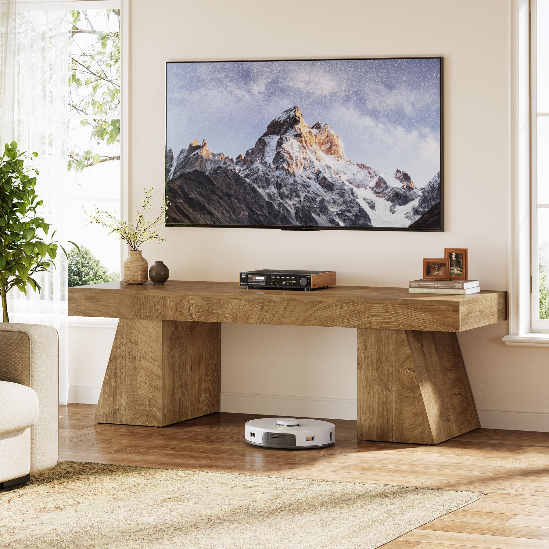 Tribesigns Meuble TV de 63" pour téléviseurs de 55/60/65/75", centre de divertissement de ferme avec double piédestal géométrique, console multimédia pour salon, chambre à coucher, naturel