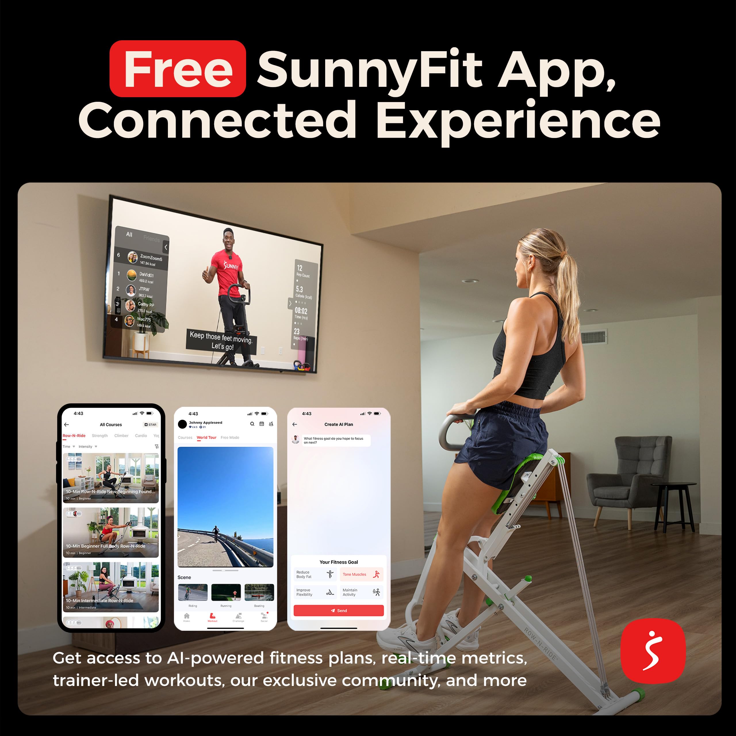 Sunny Health & Fitness Row-N-Ride Smart Pieghevole per Squat e Vogata | Allenamento Glutei e Gambe, 3 Angoli Squat, Resistenza a 4 Livelli, App SunnyFit, Portata 150 kg, Facile da Riporre