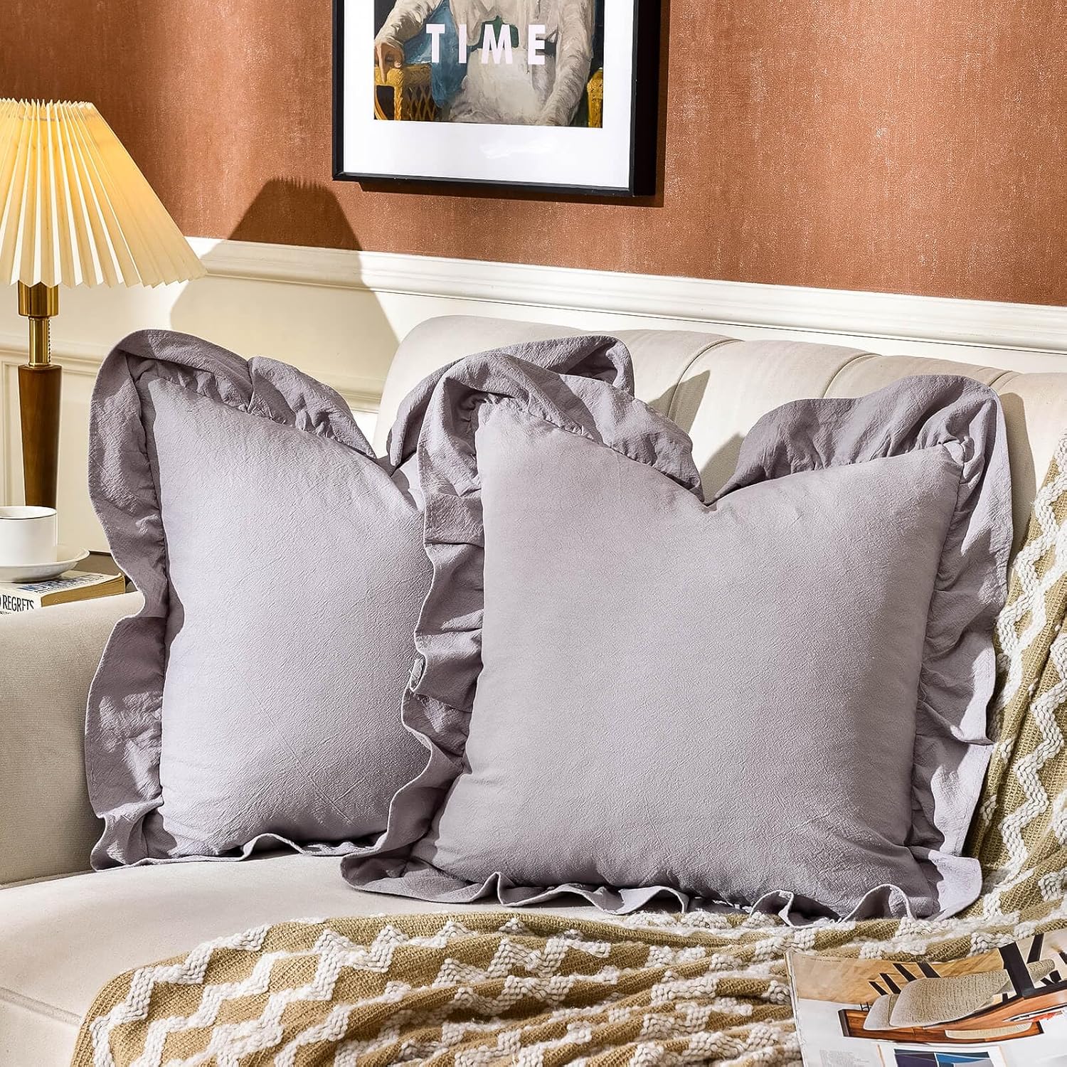 AmHoo Pack of 2 Throw Pillow Covers 100% Cotton Pre Washed Ruffle Decorative Pillowcase Cushion for Couch Sofa Bedroom 20 x 20-Inch Cream White