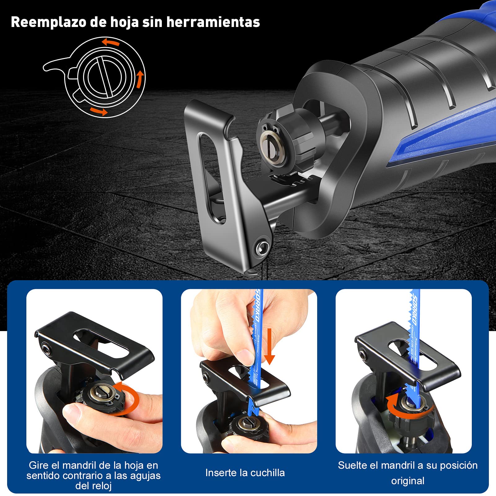 SORAKO sierra sable electrica, 18V, con batería de 4,0 Ah ，sierra recíproca de velocidad variable de 0-3000 SPM，cargador,2 cuchillas，ideal para cortar madera y metal, podar