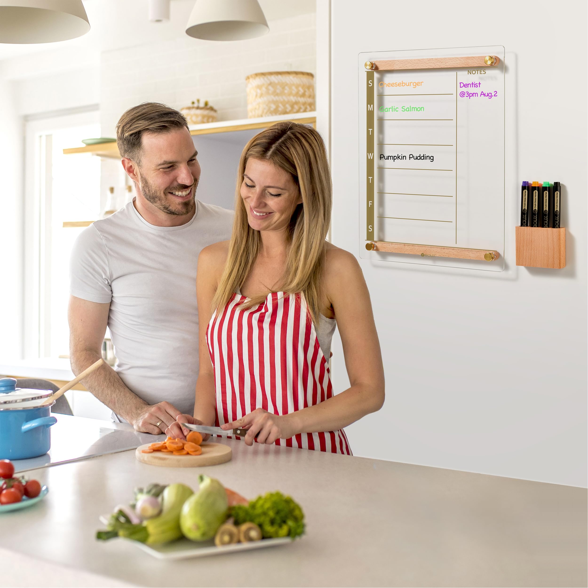 Pizarra blanca semanal de cristal dorado transparente con decoración de madera para pared, planificador de menús y comidas, pizarra blanca para cocina del hogar, 15 x 11 pulgadas, soporte de madera