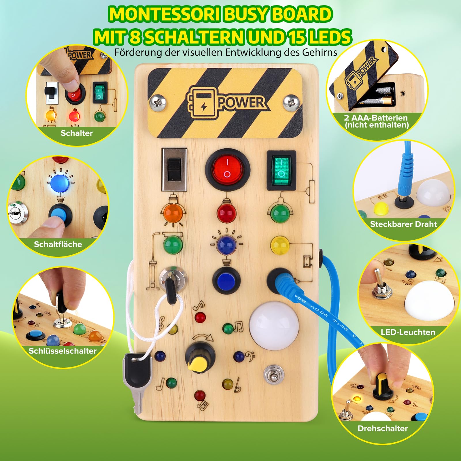 Hoarosall Montessori Busy Board Spielzeug mit LED Lichtschalter Activity Board Holzspielzeug ab 1 Jahr Motorikspielzeug Sensorik Spielzeug Lernspielzeug für Babys und Kleinkinder ab 1 2 3 Jahre - 2