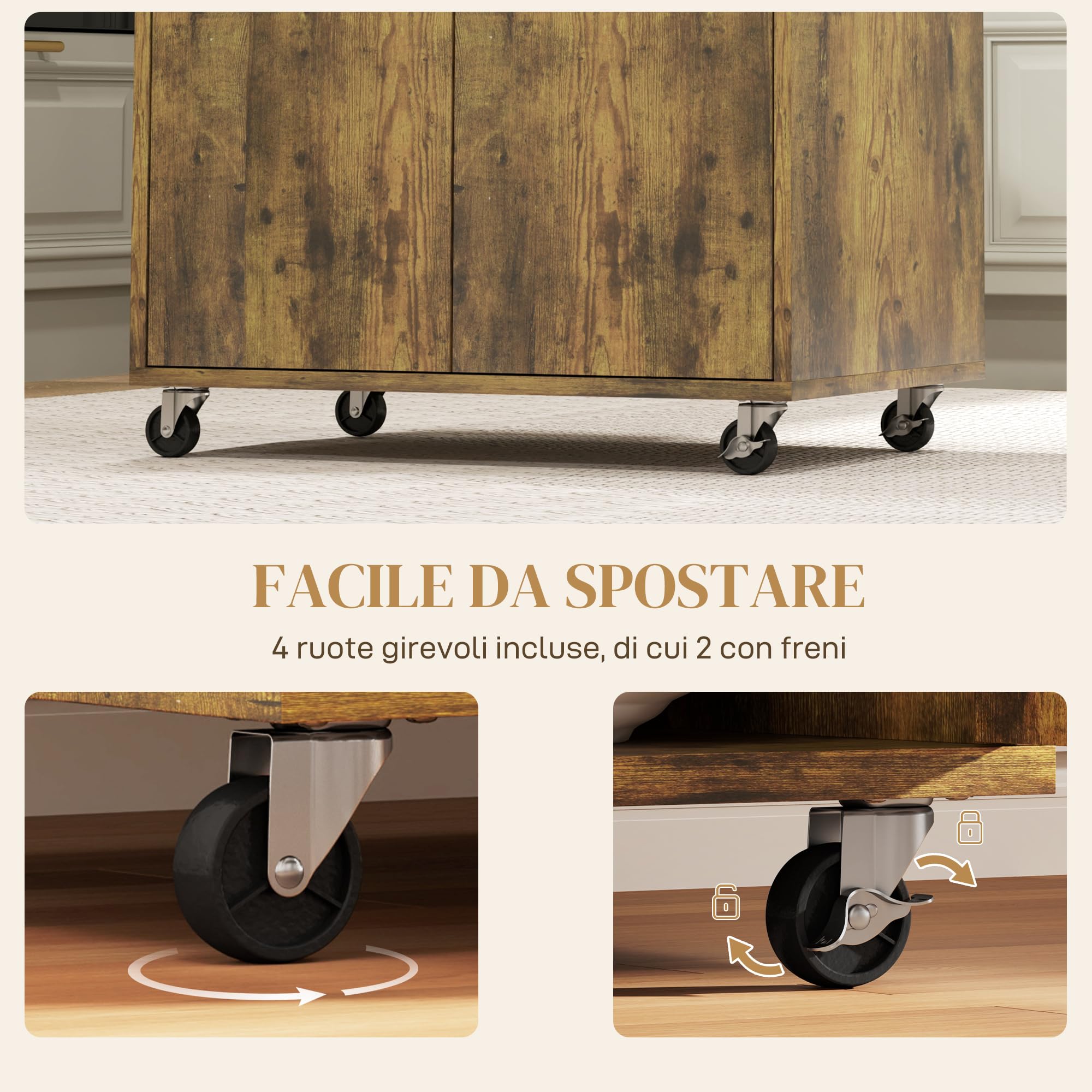 HOMCOM Carrello da Cucina Portavivande per Microonde con Cassetto e Armadietto, Isola per Cucina in Legno con 4 Ruote e Ripiano Regolabile, 60x40x77 cm, Marrone Rustico