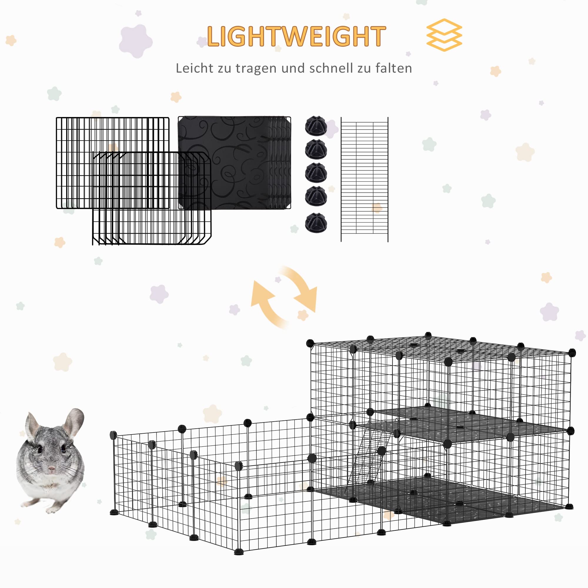 PawHut Freigehege aus Metall DIY Kleintierauslauf 2-stöckig Kleintierkäfig mit Tür und Leiter für Chinchilla Kaninchen Meerschweinchen 33 Platten Metallgitter Schwarz 175 x 105 x 70 cm