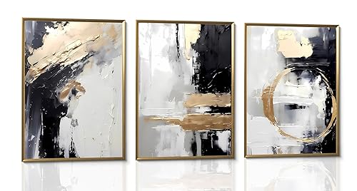 3pcs Black Gold Canvas Wall Art Abstract Geometric Textured Posters