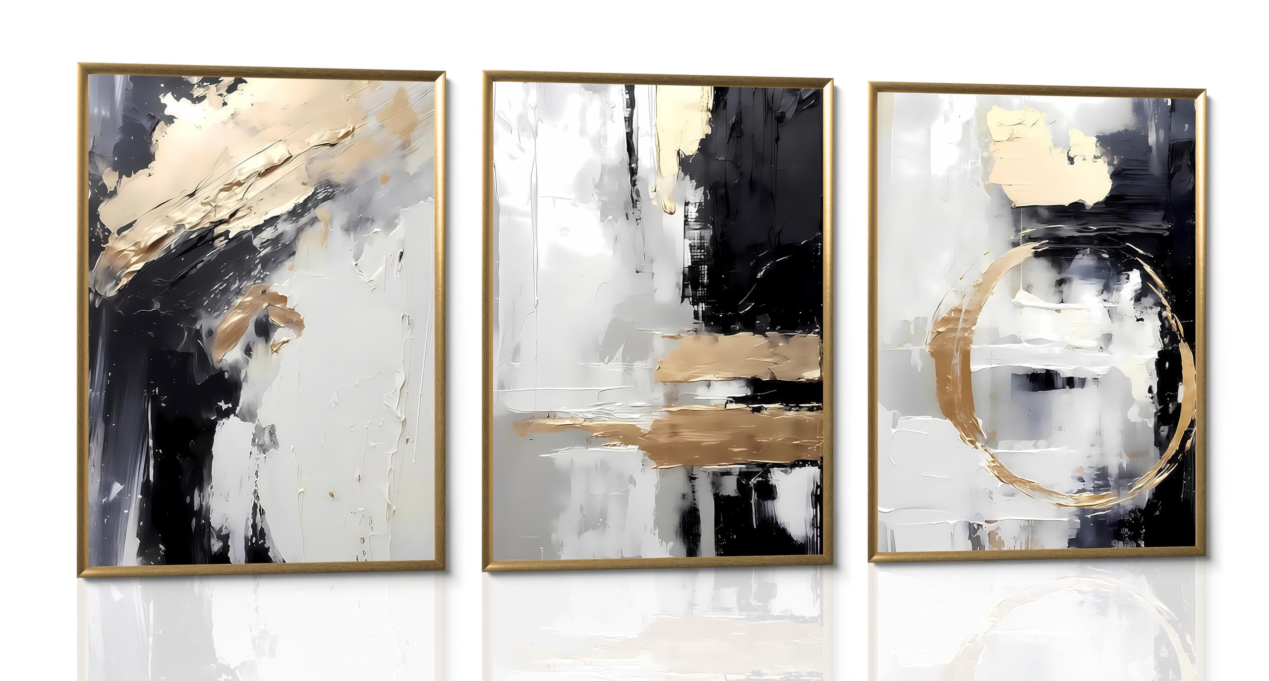 3-teiliges Set Leinwandbilder in Schwarz und Gold mit abstrakten geometrischen Texturen und Stuckoptik, modernes, minimalistisches Beige für Wohnzimmer, Schlafzimmer und Badezimmer