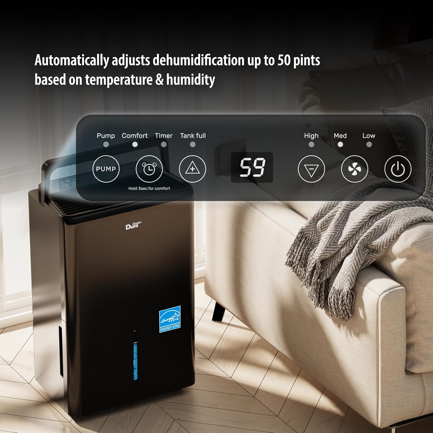 DuraComfort 50 Pint Dehumidifier, Built-in Pump, 4500 Sq Ft Coverage, Energy Star, Black