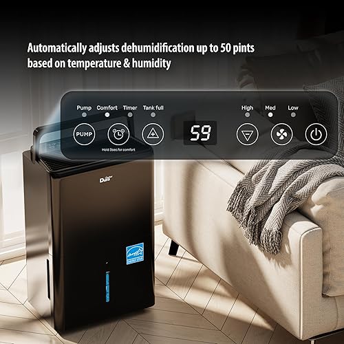 Miniatura 6 de DuraComfort Deshumidificador de 50 pintas, bomba incorporada, cobertura de 4500 pies cuadrados, Energy Star, negro